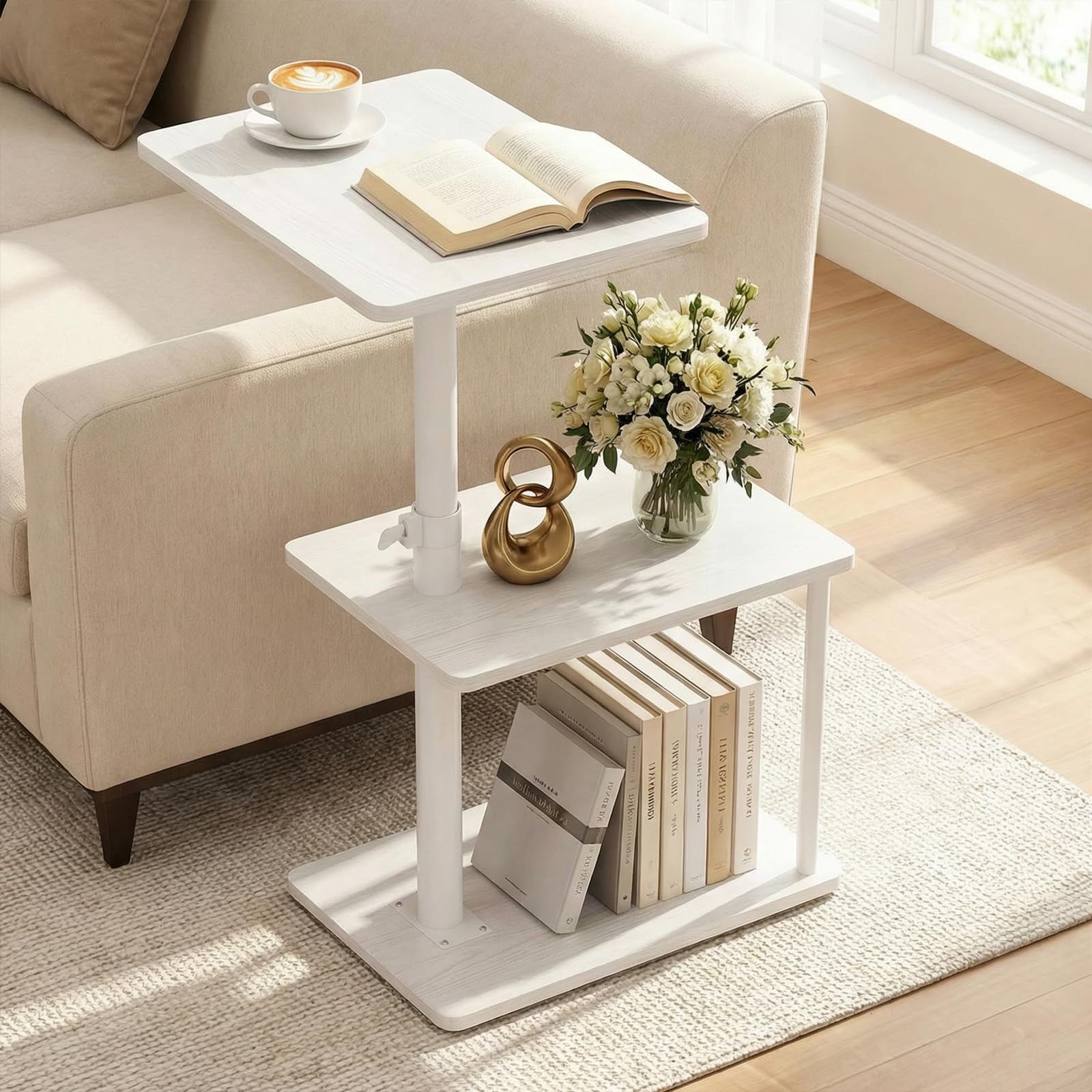 Faesun 360° Swivel Side Table for Height Adjustable, C Shaped End Table for Couch with Storage, 3-Tier Night Stand with Open Shelf, Tv Tray for Small