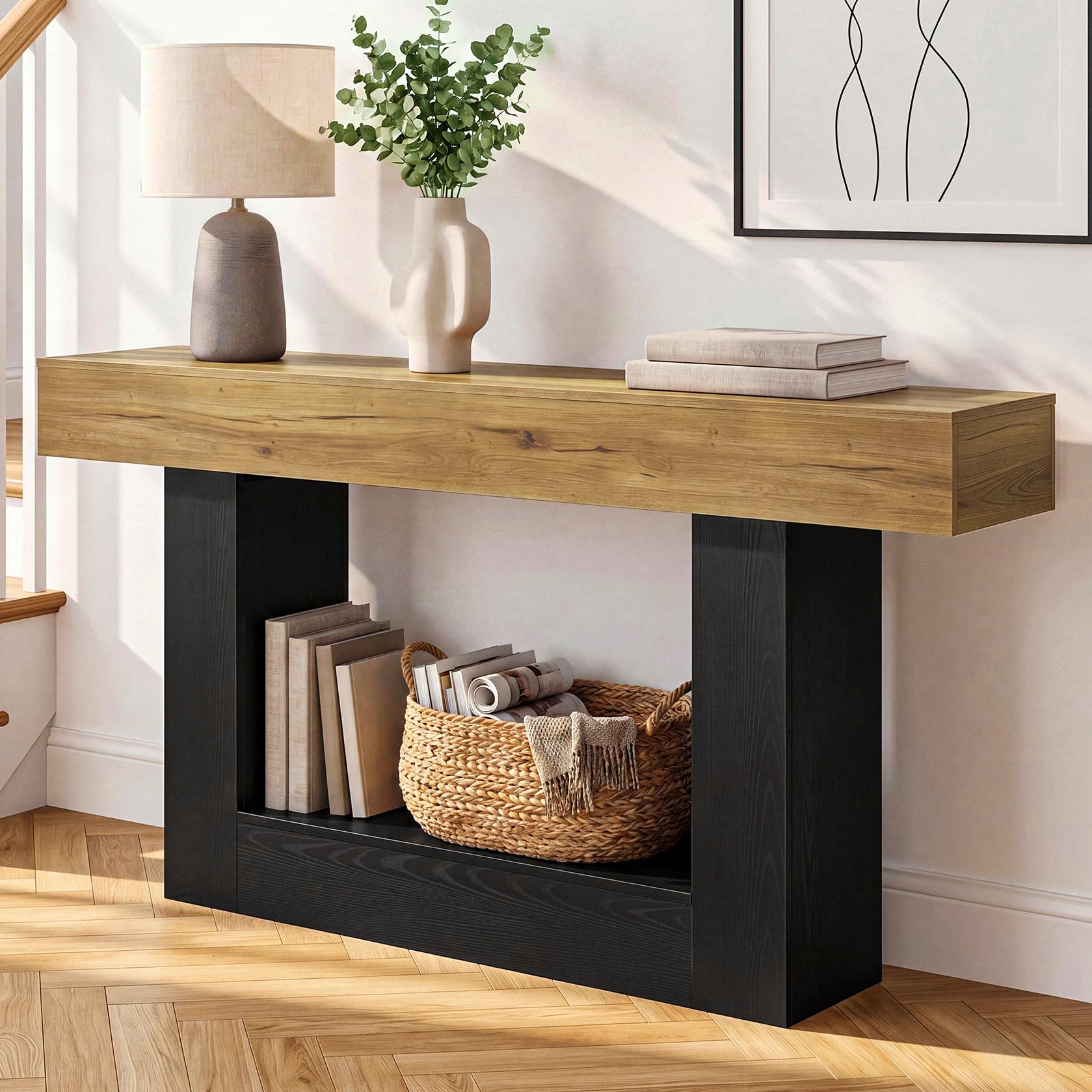SEJOV 63" Console Table, 2-Tier Entryway/Sofa Table, U-Shaped Base, Brown