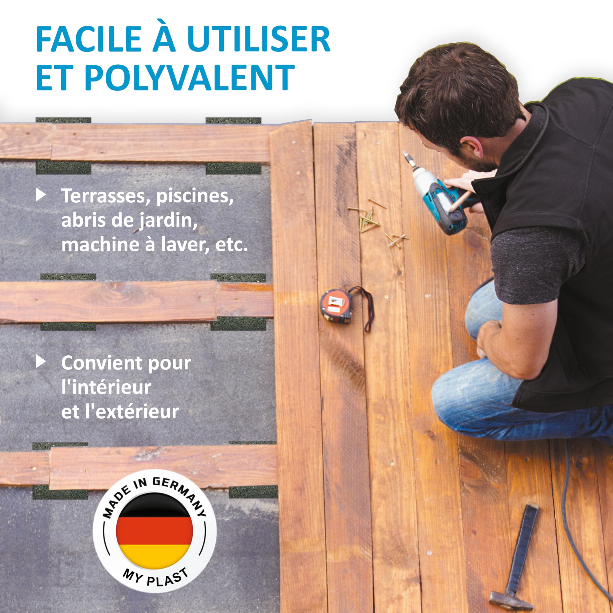 My Plast I 90 x 90 x 10 mm - 100 pièces I Dalle amortissante pour terrasses - dalle caoutchouc résistante à l'eau pour le bois de la terrasse, cale terrasse protection de construction résilient