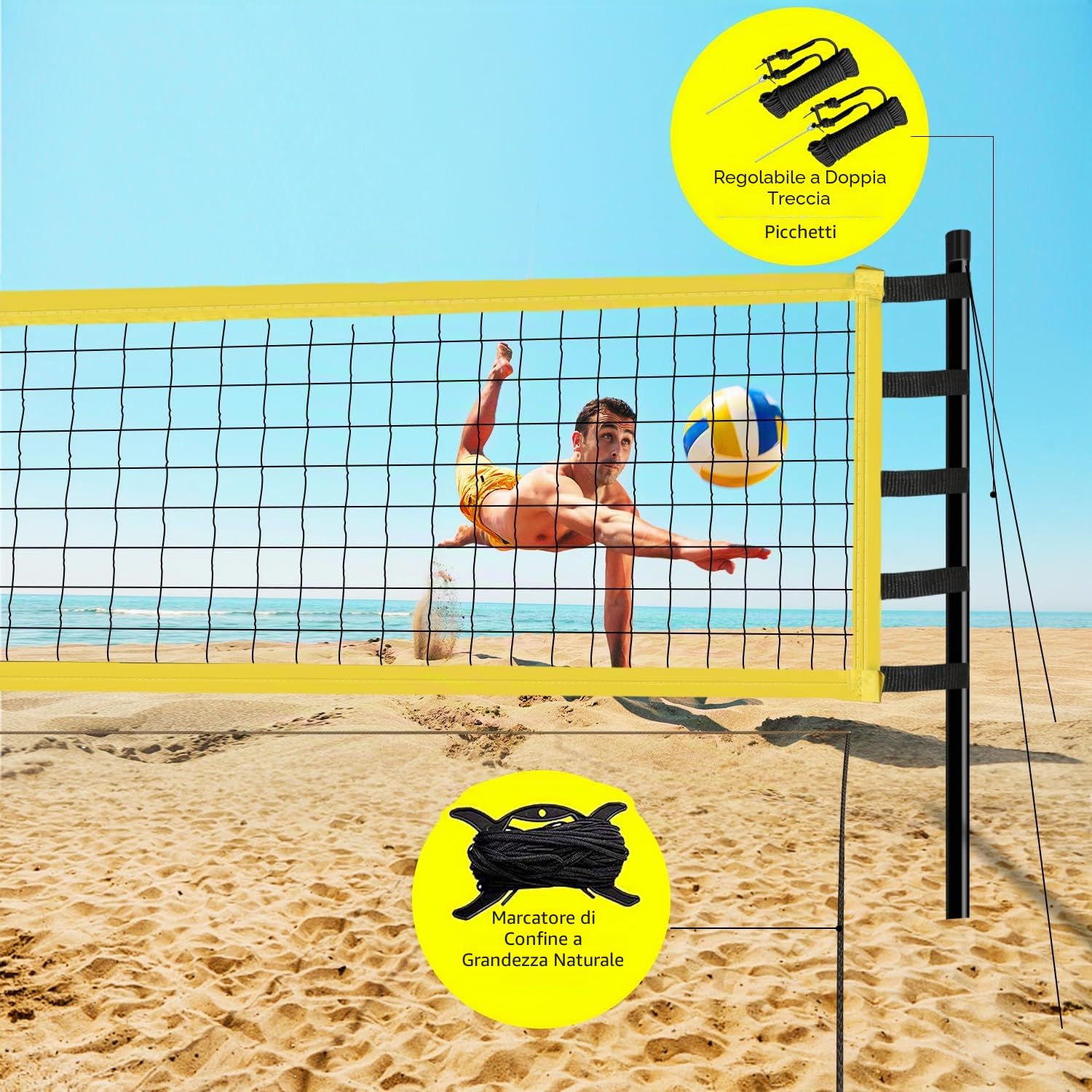 Set di Rete da Pallavolo 9,5 m x 1 m Pieghevole con Pali in Acciaio, Marcatura sul Campo, Linee e Borsa per il Trasporto - Altezza Regolabile