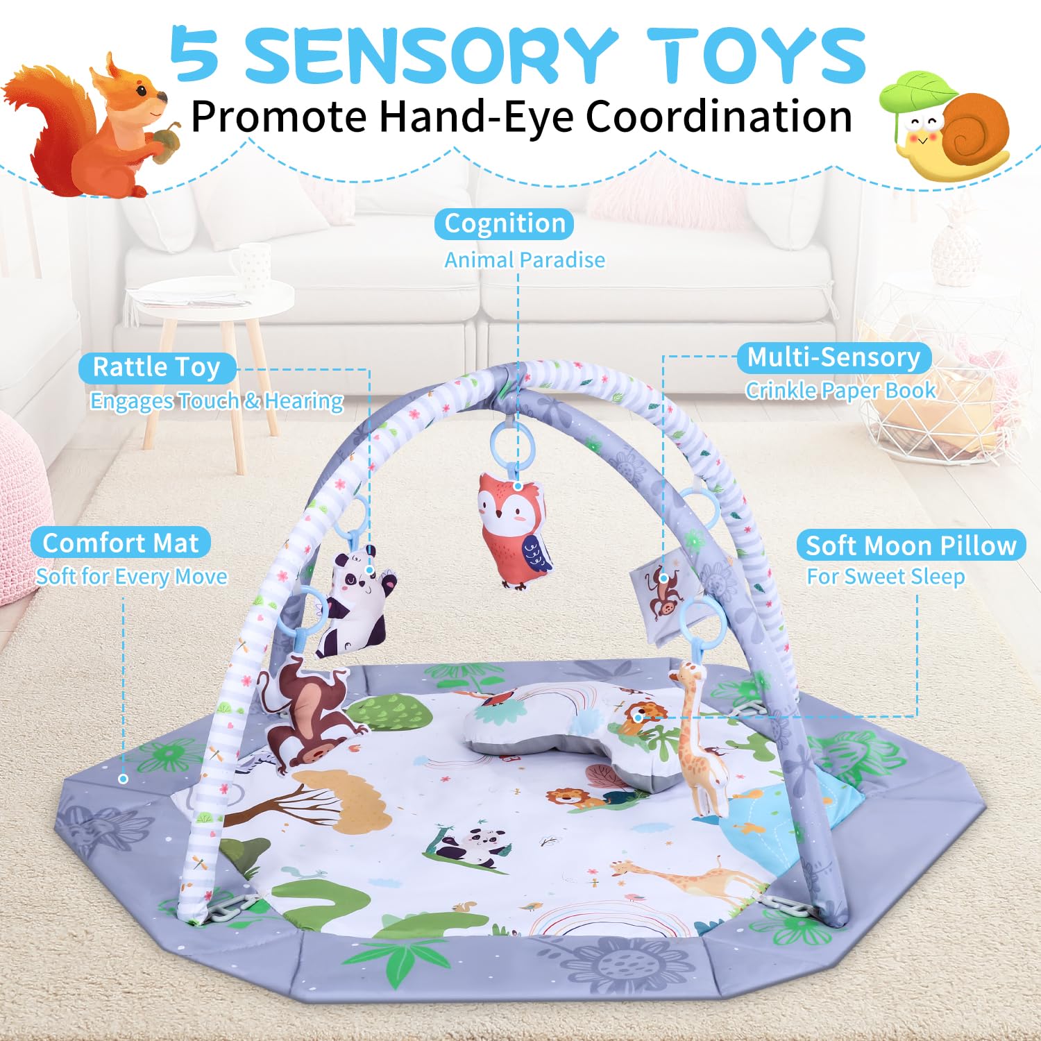 Palestrina Neonato con Arco Rimovibile, Palestrina Neonato Montessori con Cuscino per Tempo a Pancia in Giù, 5 Accessori Sensoriali Rimovibili, Lavabile e Morbido Tappetino Neonato Evolutivo