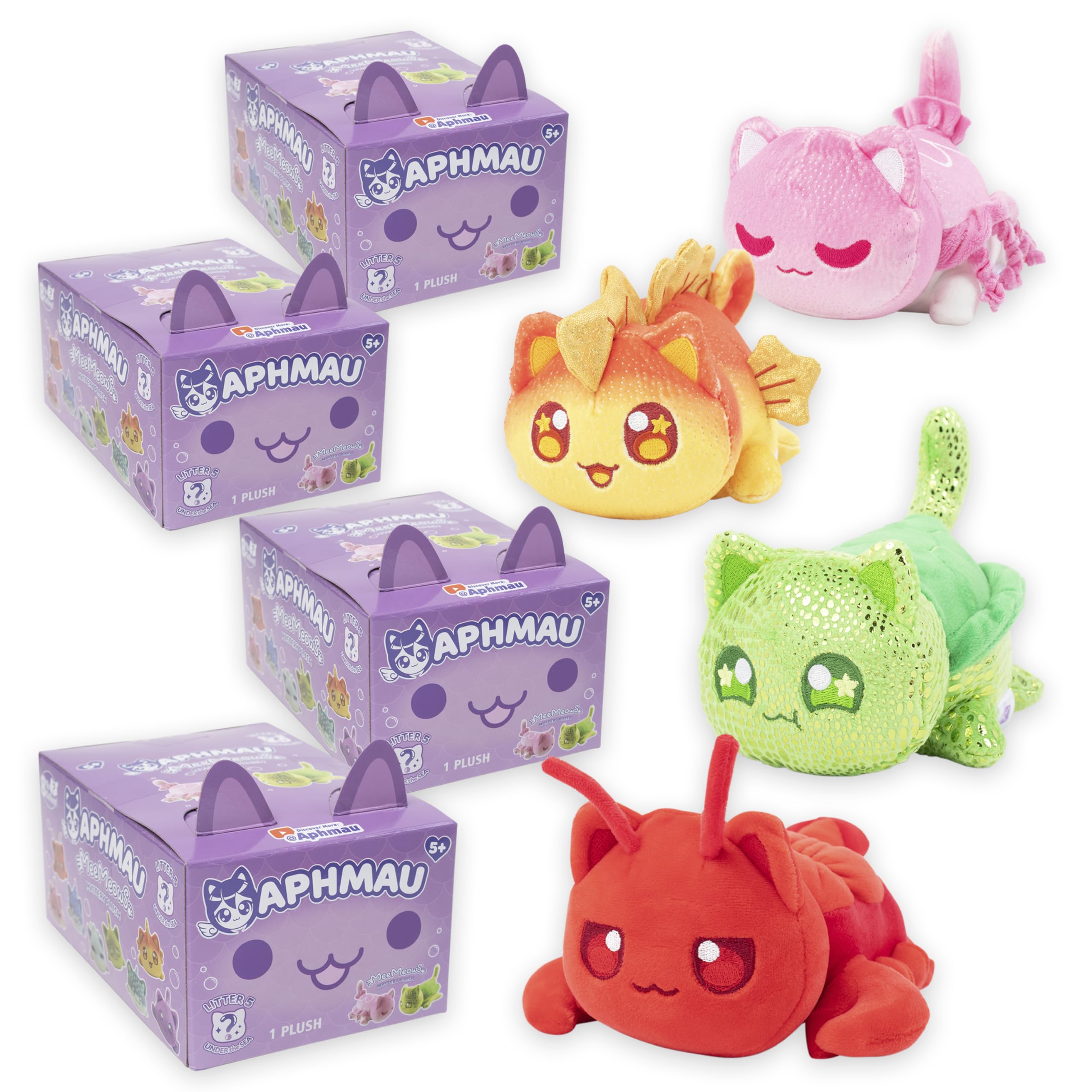 AphmauMini Mystery 6" Plush - Under The Sea Series 5-4 pack; YouTube Gaming Channel, Blind Box, 4 of 8 Unique Possible Under The Sea MeeMeows, Official Merch