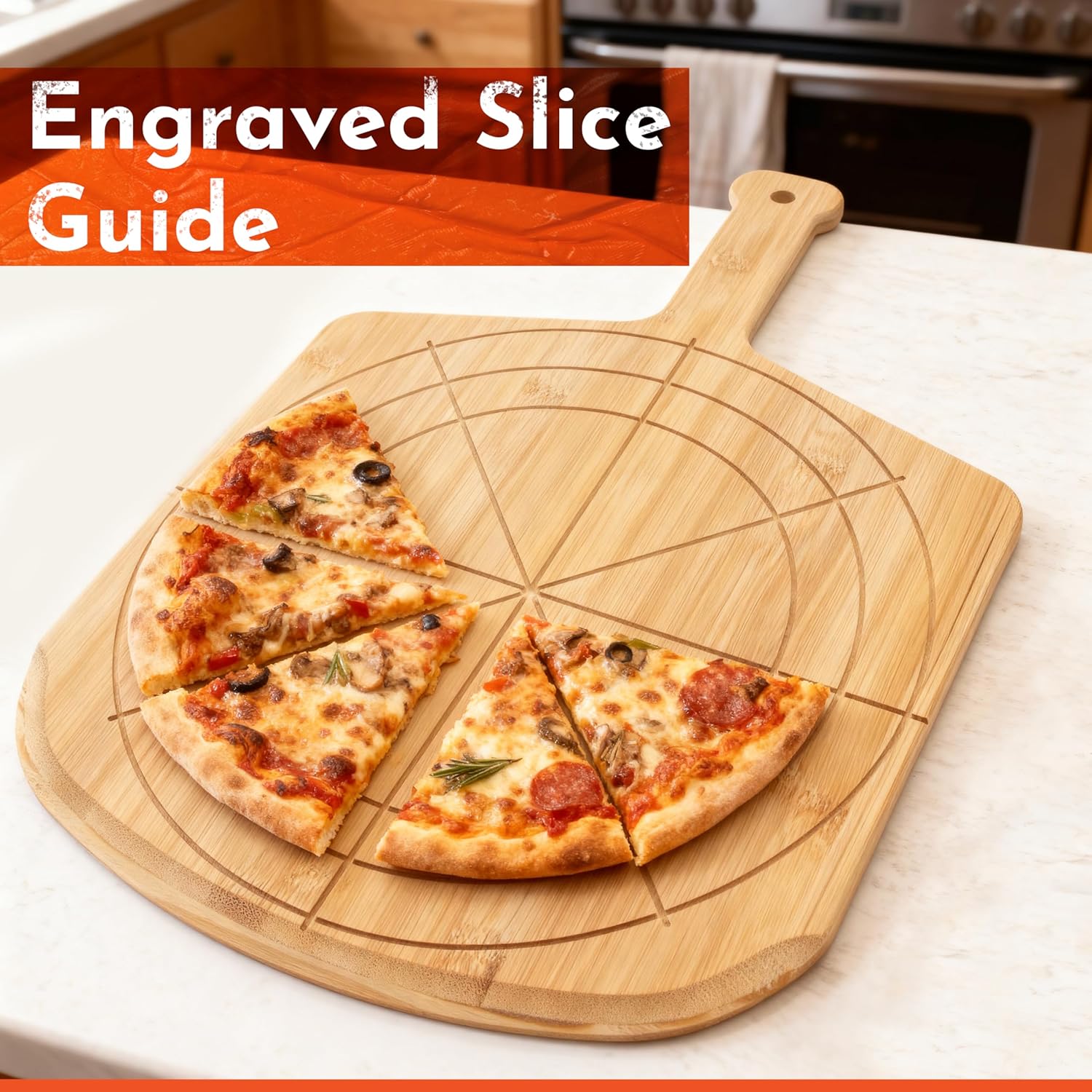 Loftern Wooden Pizza Peel 12 Inch Board with Engraved Sizes - Multi-Purpose Bamboo Pizza Cutting Board, Wood Pizza Peel, Pizza Spatula Paddle, and Serving Board with Size and Cutting Guide