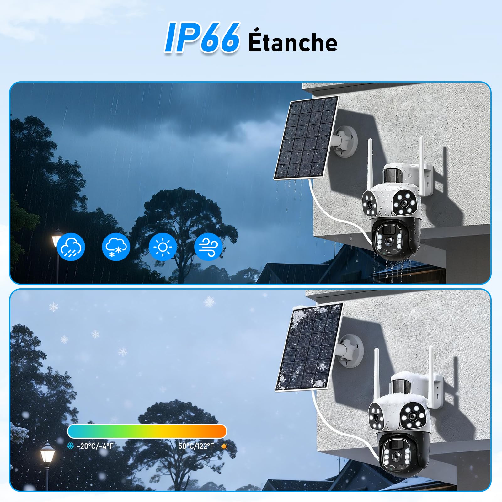 12MP Caméra Surveillance WiFi Extérieure à Triple Objectif,AOV 24/7,355°PTZ Caméra 3-in-1,Détection Humaine avec Panneau Solaire,Suivi Automatique,Vision Couleur,Audio Bidirectionnel,Batterie 10000mAh