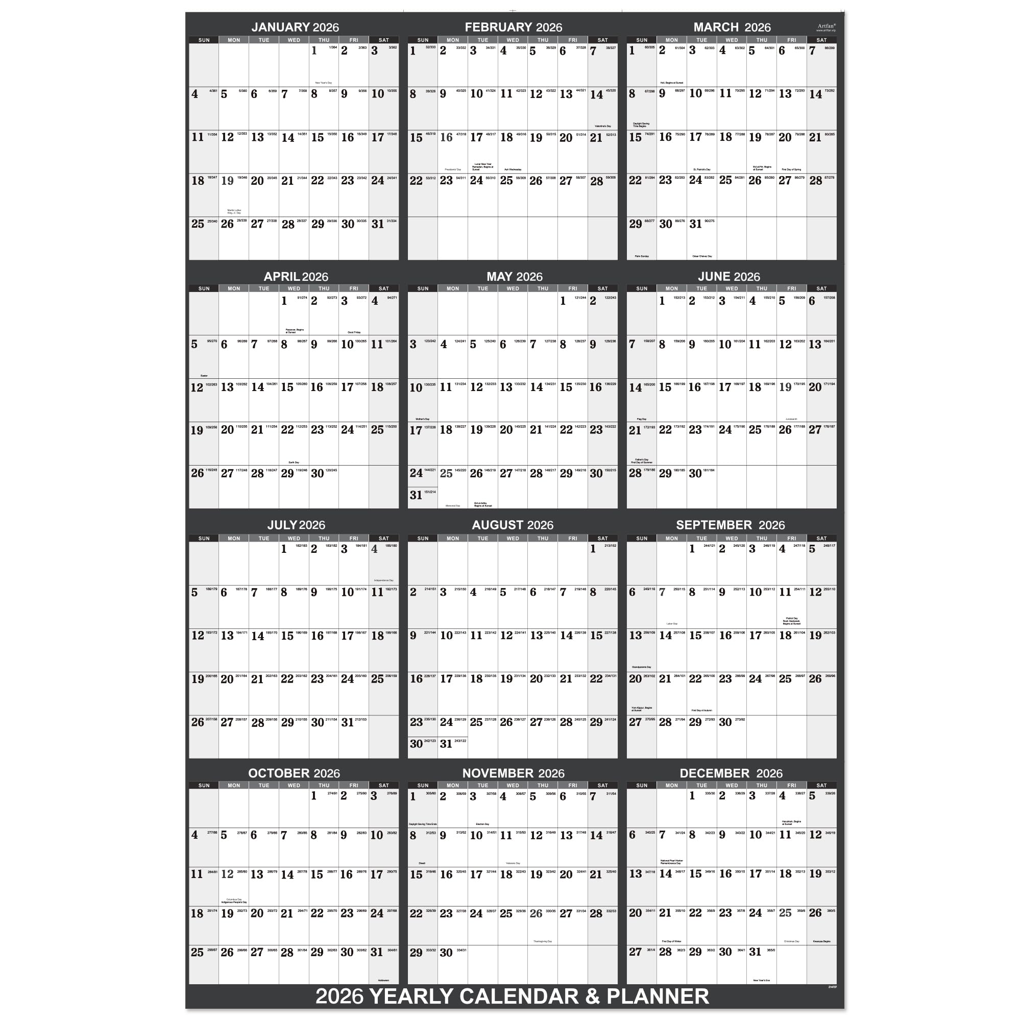 2026 Yearly Wall Calendar - Wall Calendar 2026, Yearly Wall Planner with Julian Date, From Jan 2026 - Dec 2026, Thick Paper, Vertical, 22.8" x 34.4" (Open) - Gray