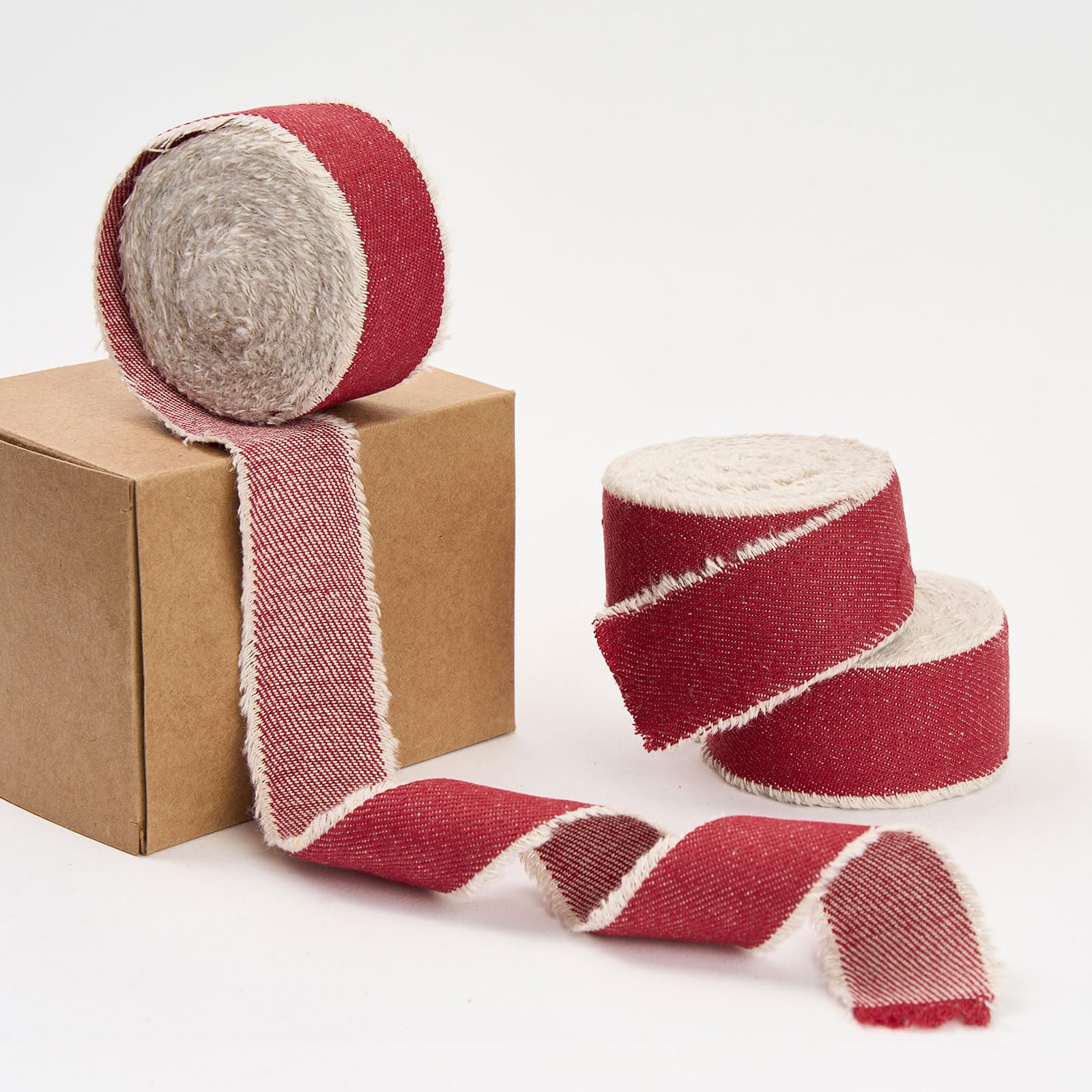 Pretty Jolly Red Denim Ribbon for Gift Wrapping Handmade Rustic Frayed Cotton Fabric Ribbon for Flower Bouquet Total 15 Yards 1 Inch Ribbons for Crafts Hair Wedding Invitation Holiday Decor โ image 1