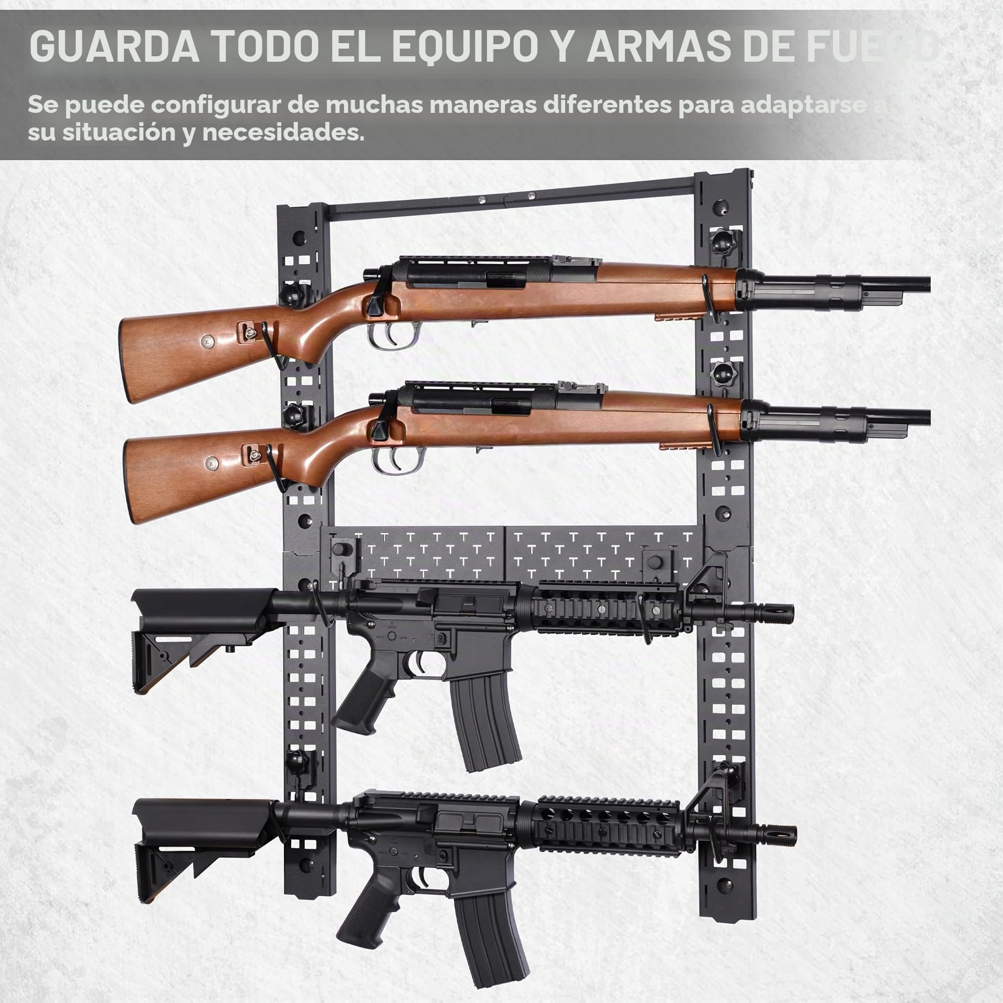 BOOSTEADY Soporte para Armas de Pared Modular con 10 Ganchos J: Accesorios Caza Soporte de Pared para Fusiles Rifles y Escopetas Hasta 120 lbs, Organizador de Armas de Pared con Estante, 31,8 x 22