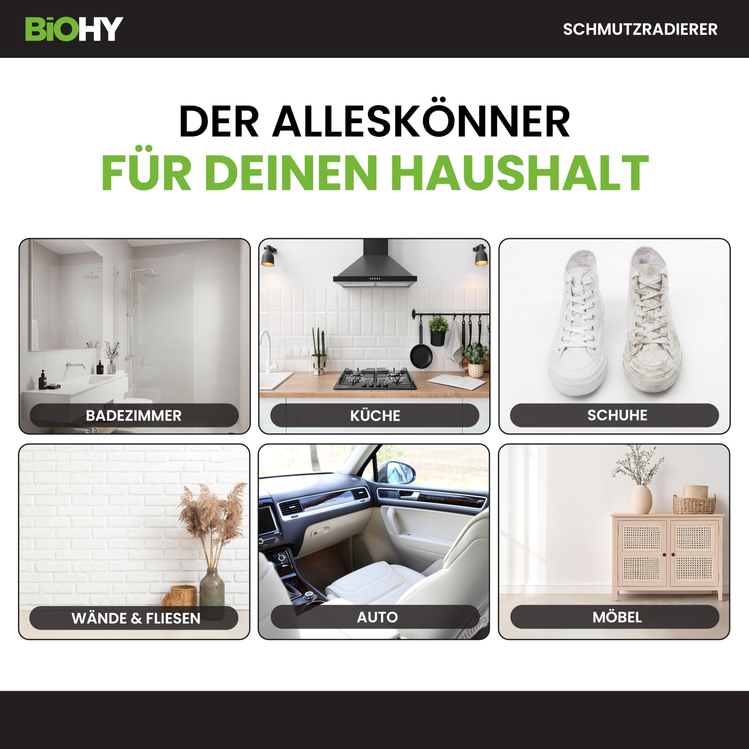 BiOHY Schmutzradierer Schwamm (6 x 18 Stück) | Zauberschwämme für Küche, Bad, Glas, Wände, Schuhe & Auto | Reinigungsschwämme für hartnäckige Flecken | Ohne Chemie