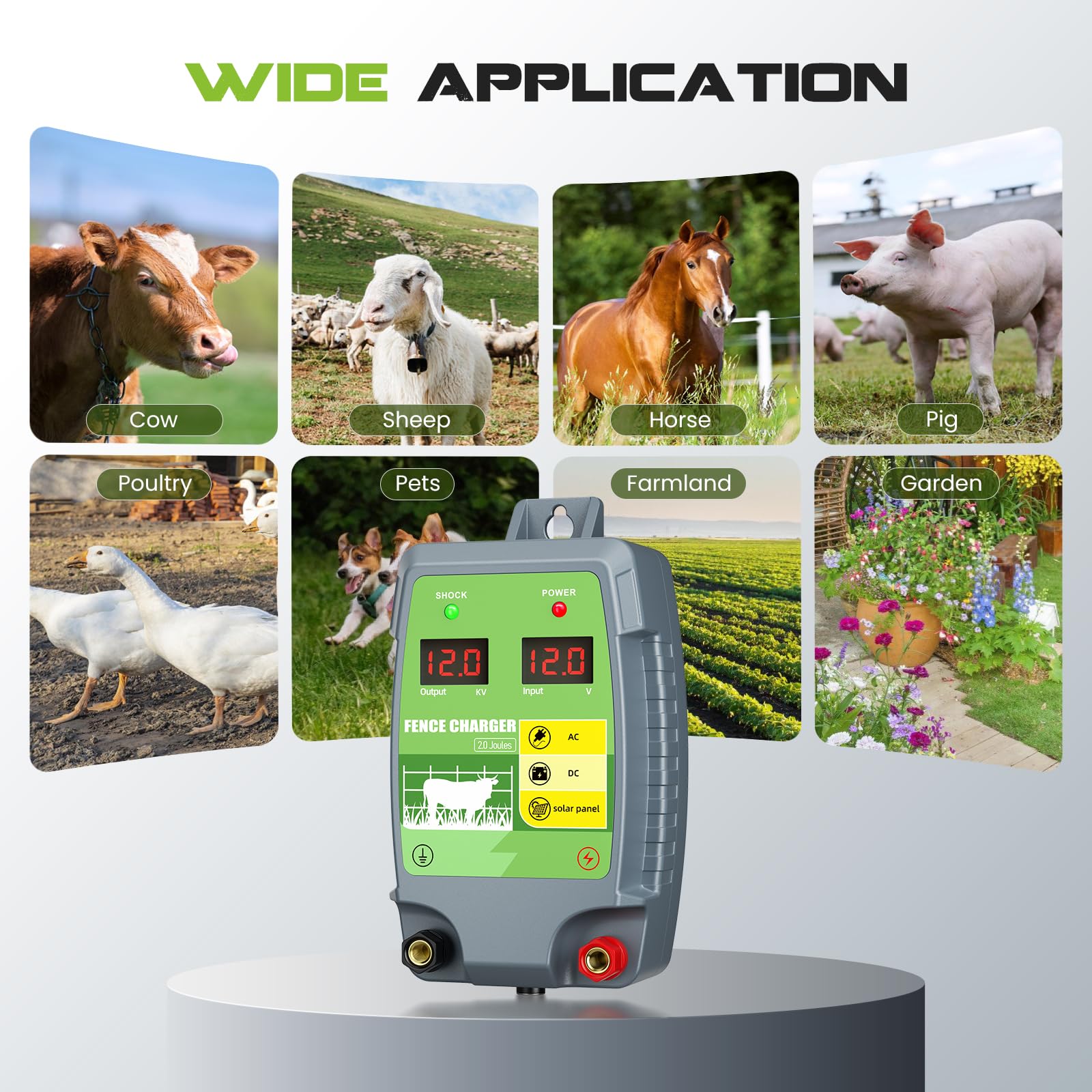 Dispositivo di recinzione elettrica 2J 10 km Gamma di controllo Energizzatore di recinzione elettrica impermeabile con display a LED 3 opzioni di alimentazione per agricoltori, allevatori