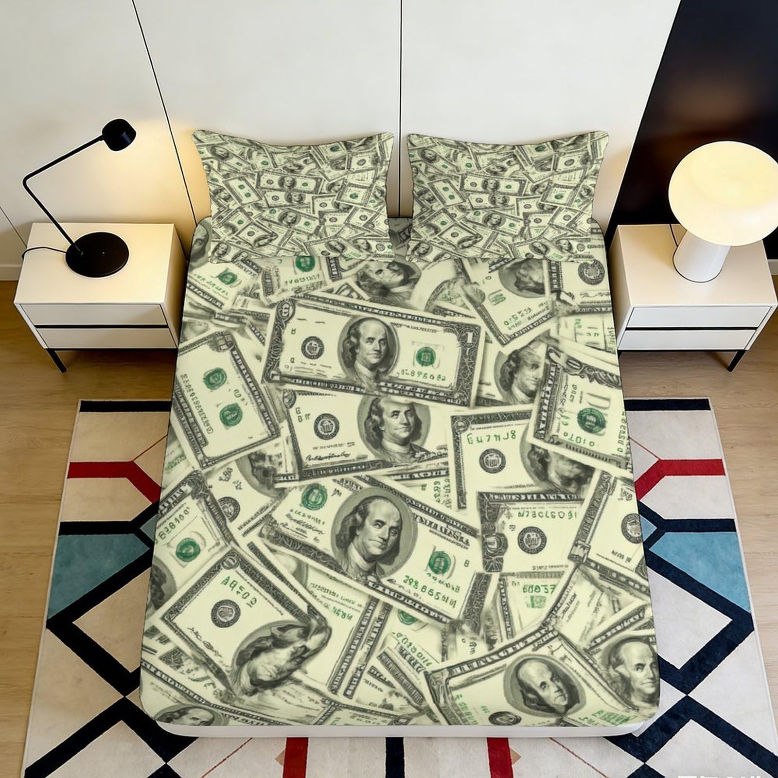 3D Printed Money Dollar Fitted Sheet Microfiber Soft Anti-Slip Banknote Bed Cover for Bedroom Dorm Decor 90x200x25cm