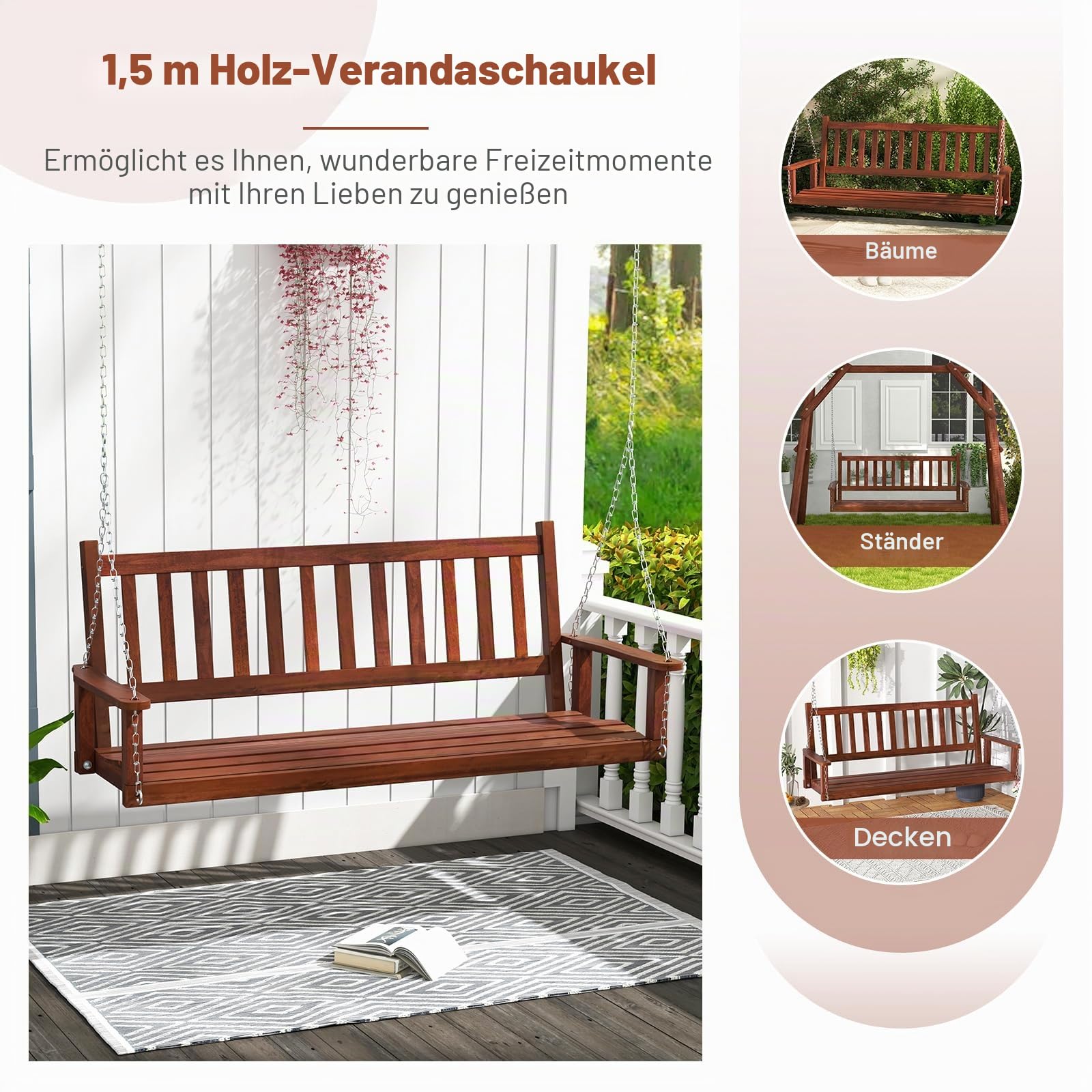 GIANTEX Hängeschaukel aus Holz, für 2/3 Personen, mit verstellbaren und robusten verzinkten Metallketten, mit Rückenlehne aus Latten und Sitz für Terrasse, Garten (168 x 65 x 63 cm, Braun)