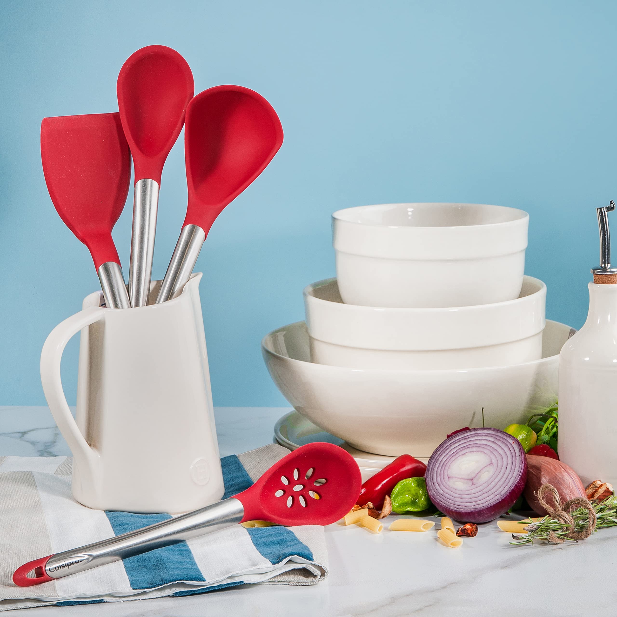 Cuisipro Silicone Tool 4-Piece Set with Ladle, Turner, Spoon & Slotted Spoon, Red