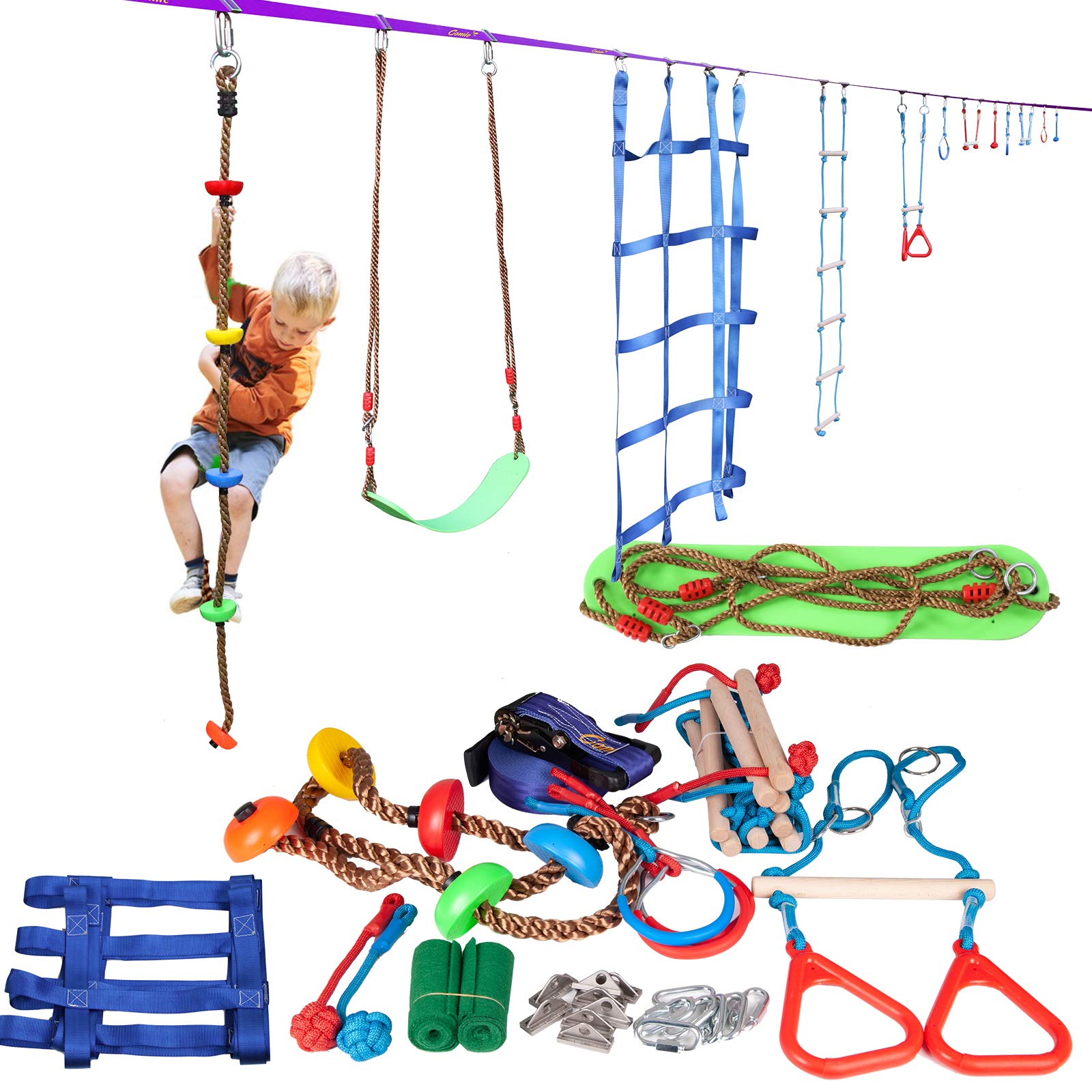 Comie 54' Ninja Slack line with 12 Accessories for Kids Teens , Adjustable Hanging Obstacles Course Kit Including Climbing Rope Ladder & Carry Bag, Backyard Playground Swing Monkey Bars