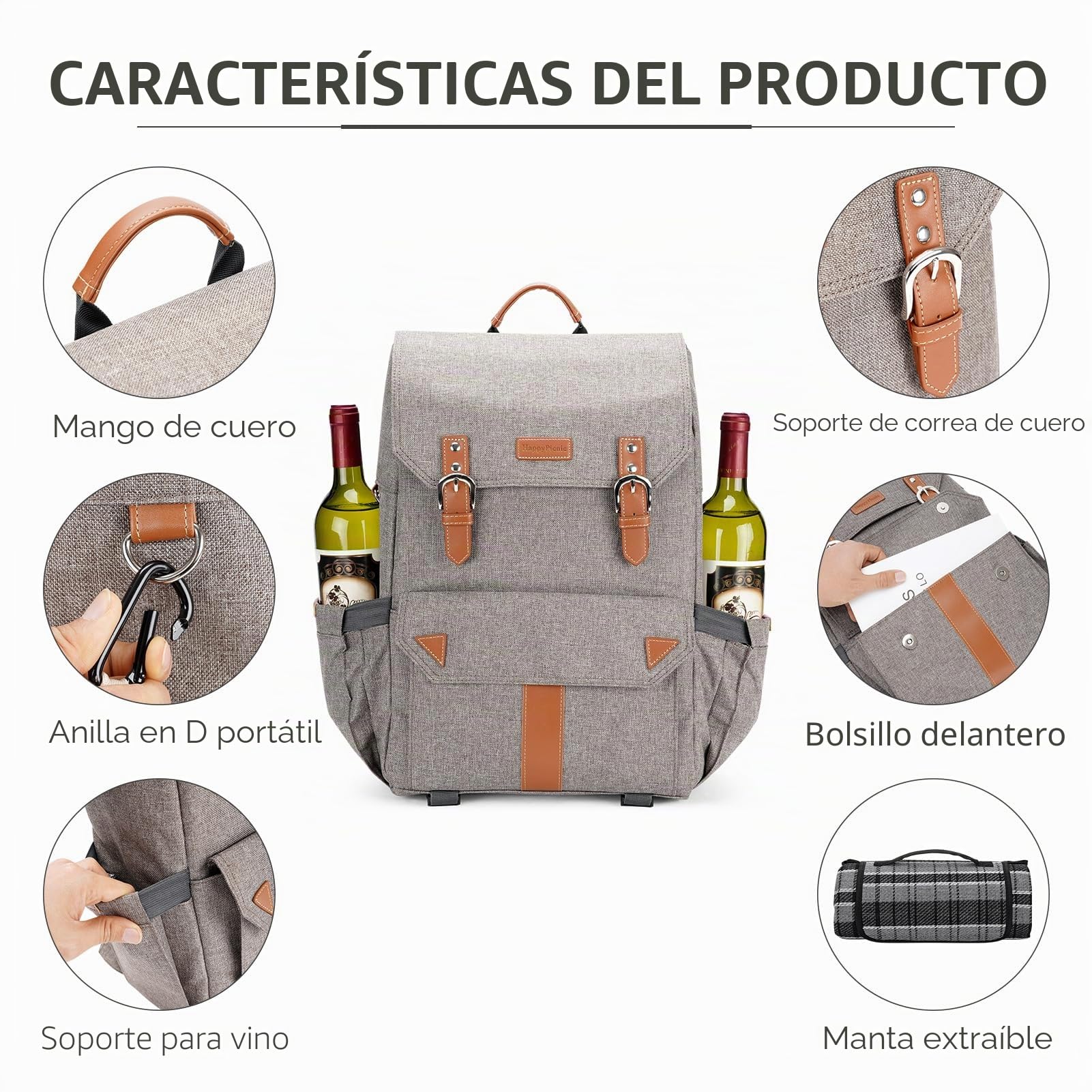 HappyPicnic Mochila de picnic aislada con un amplio compartimento frigorífico, portabotellas y alfombra de picnic impermeable grande (M con juego completo de vajilla)