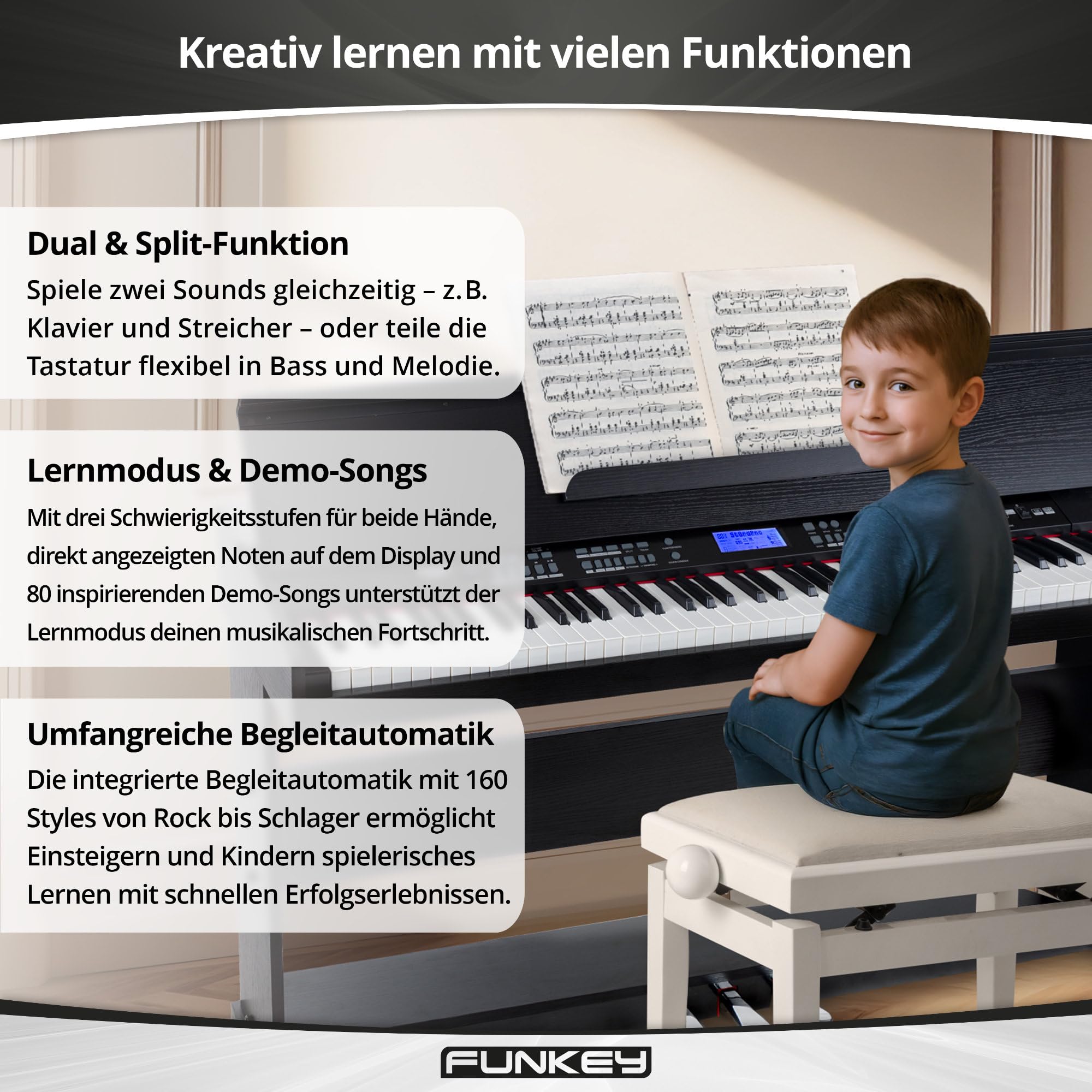 FunKey DP-88 II Digitalpiano Set (88 anschlagsdynamische Tasten, 360 Sounds, 160 Styles, MP3-Player, inkl. Keyboardbank, Kopfhörer und Klavierschule) schwarz