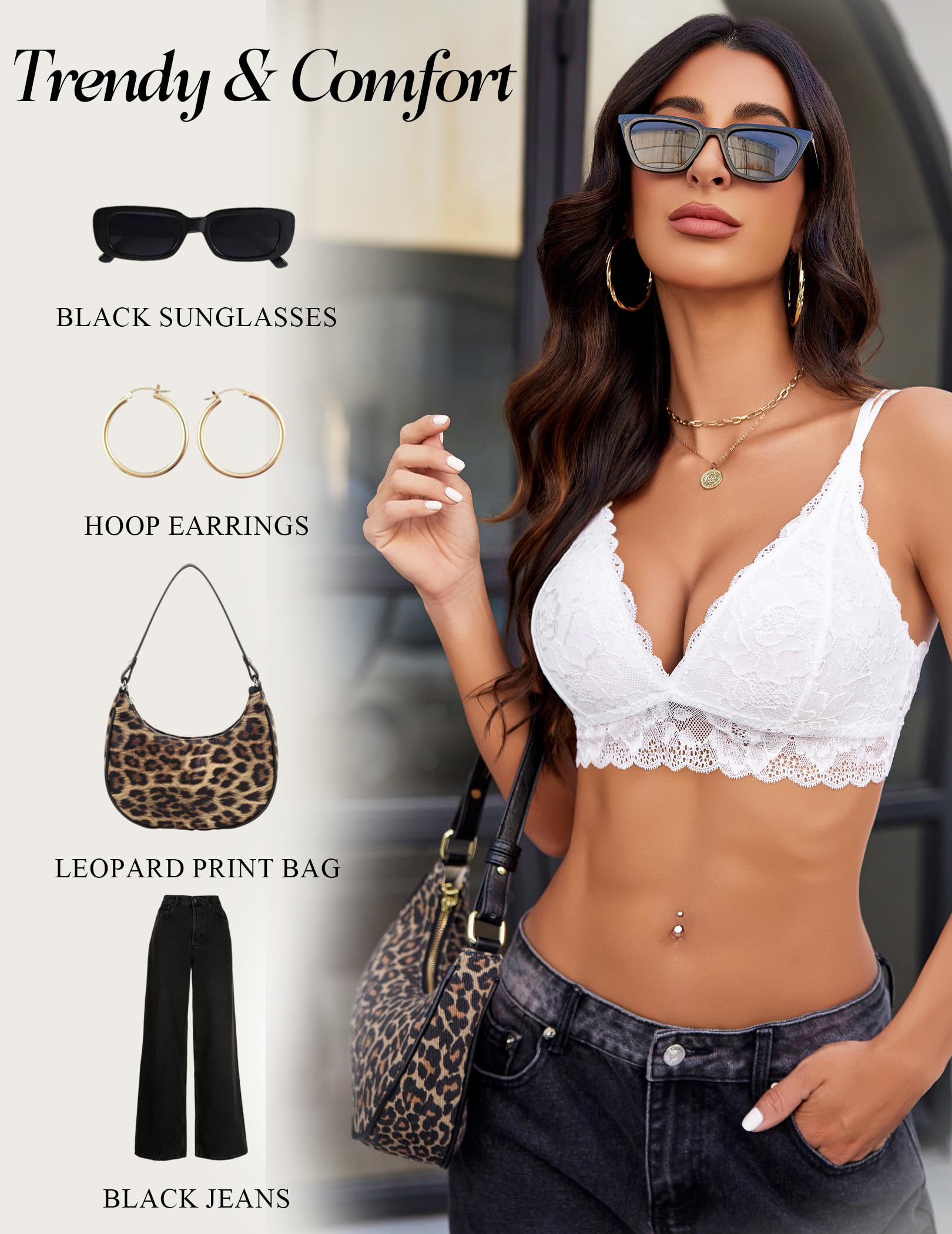 Avidlove Bras for Women Floral Lace Bralettes Deep V Sexy Bras Cross Back Longline Bralette No Padded: White Large