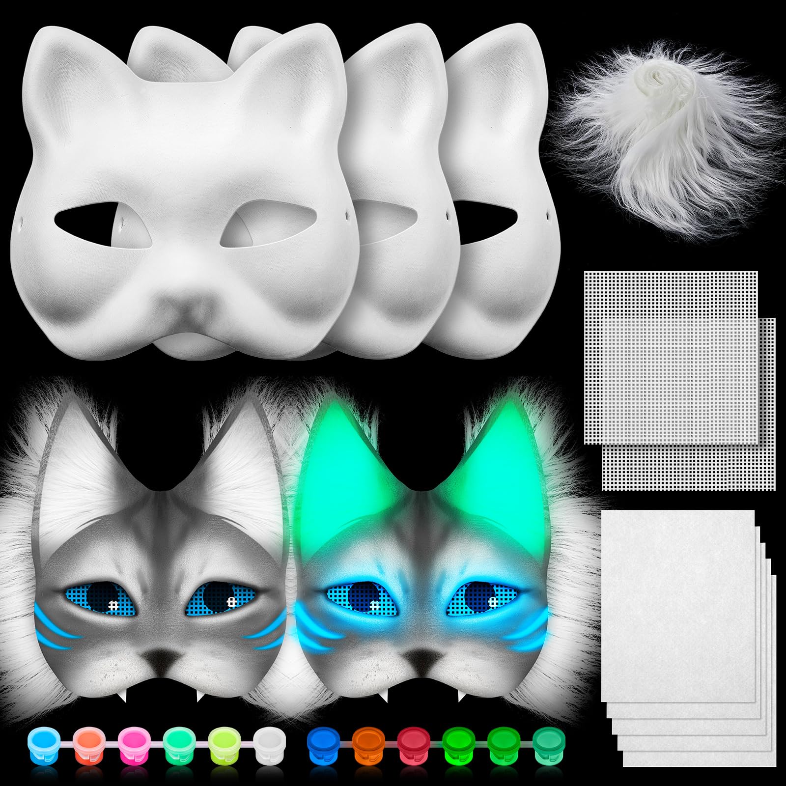 Seenelling 13 Pcs DIY Glow in the Dark Therian Mask Set Cat Fox Mask Halloween Mask Therian Stuff Gear for Masquerade Cosplay (Multicolor)