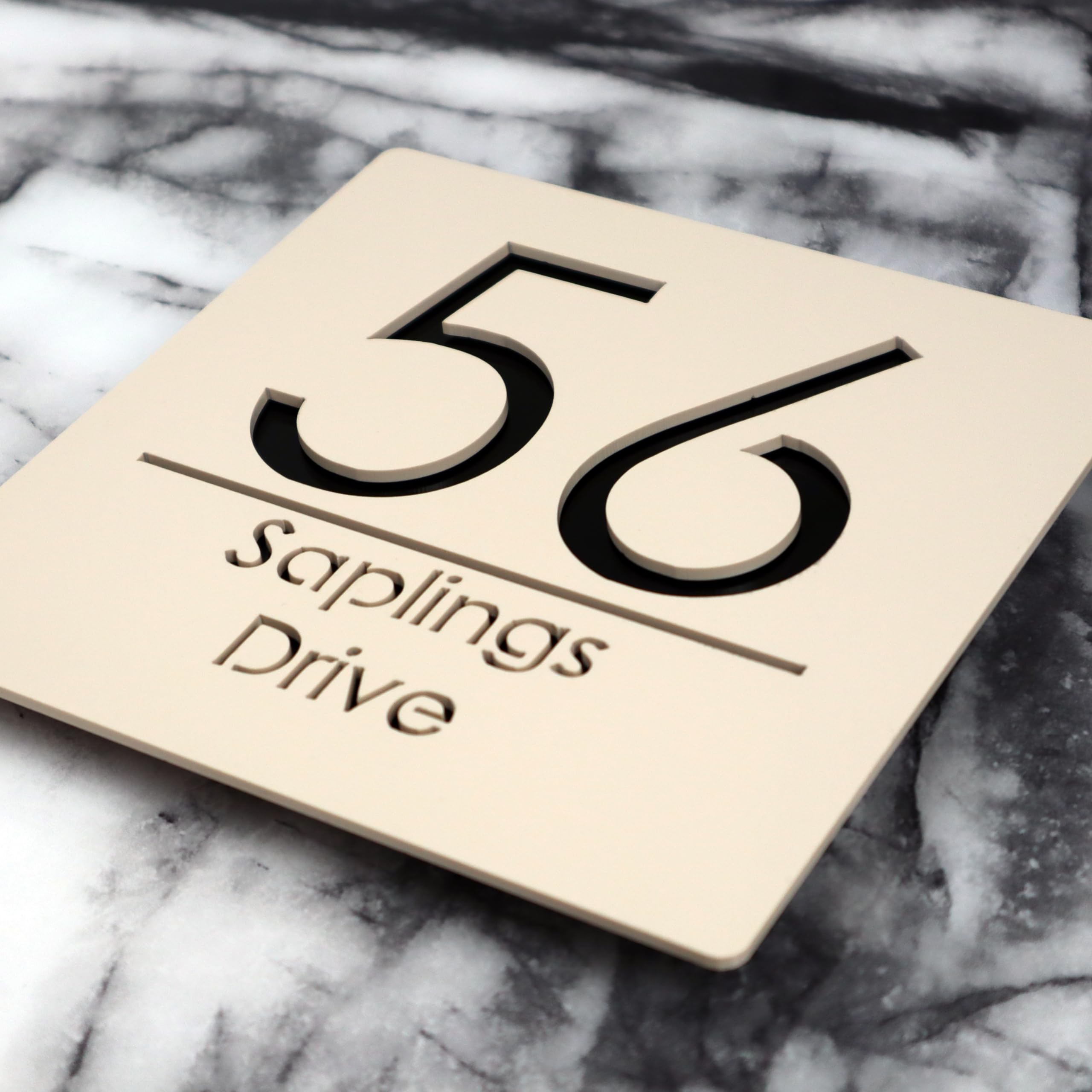 K Smart Sign | Bellissima S1 F31 | 180mm x 180mm | Acrylic 3d Laser Cut Contemporary house sign door number plaque address signs with Mirror and Marble Numbers (Matt Cream & Gloss Black)