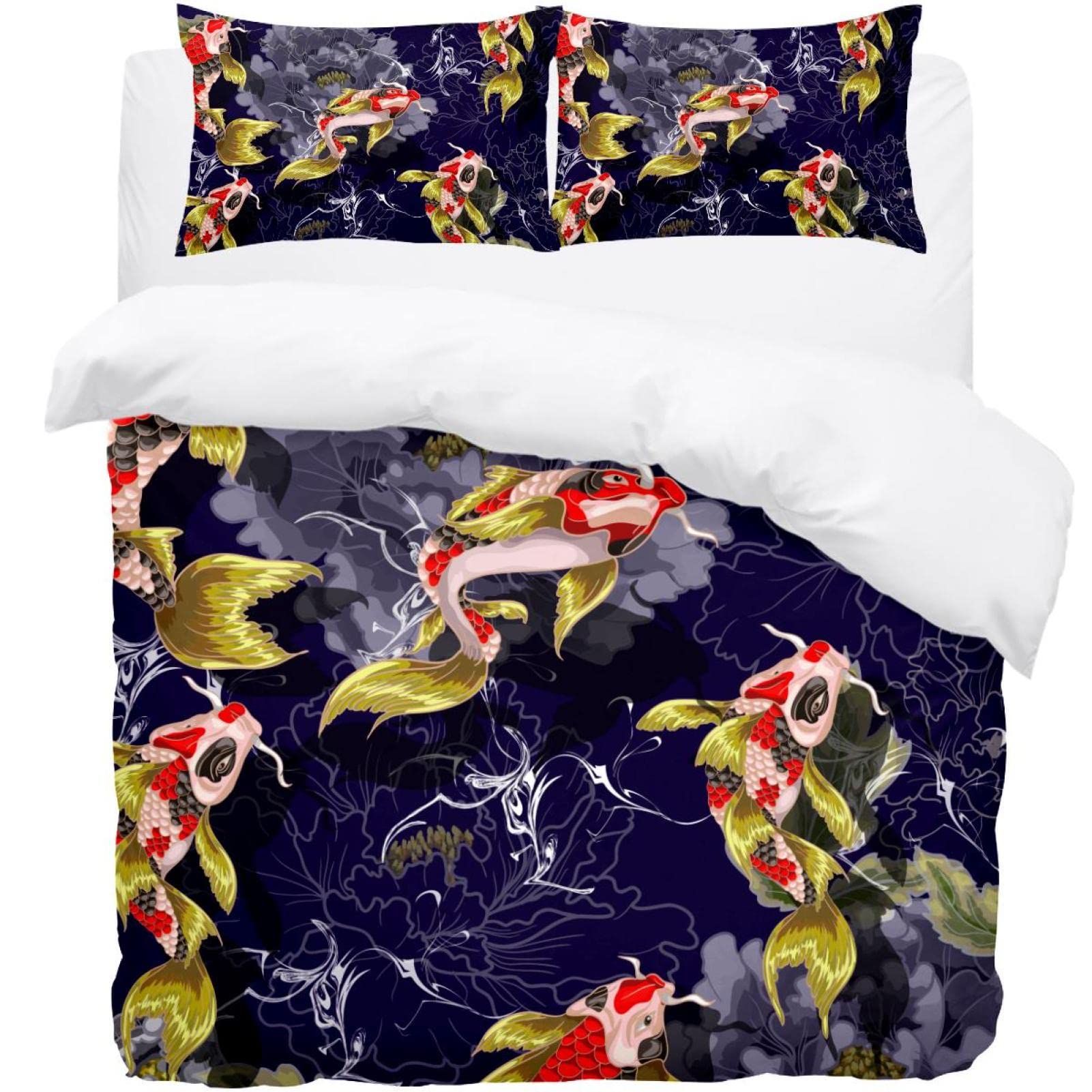Parure de lit violette avec housse de couette floral et deux taies d'oreiller motif poisson