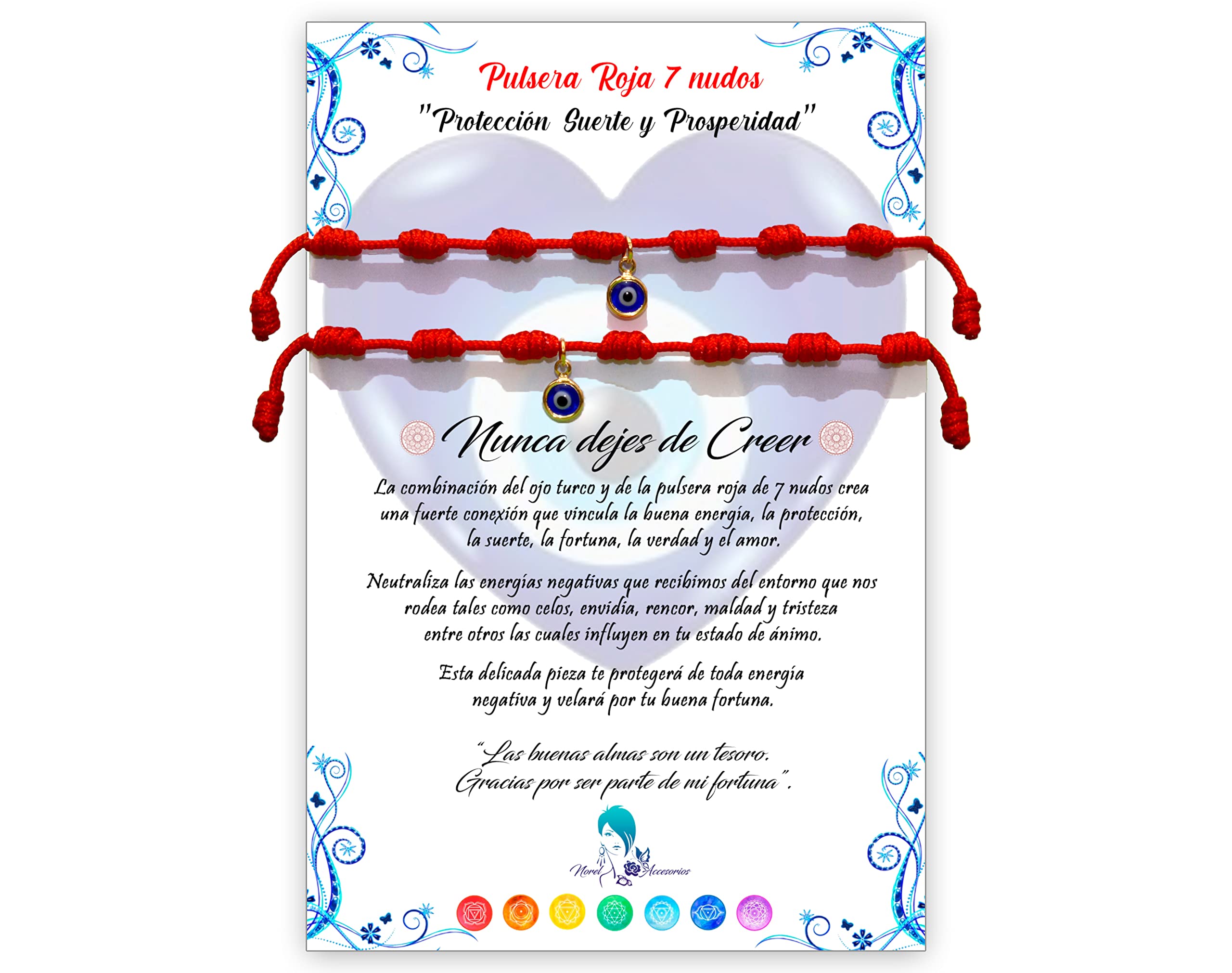 Norel Accesorios 2 Piezas Pulsera 7 Nudos Roja con Amuleto en Acero-Suerte y Protección-Mal de Ojo para Parejas y Amistad-Bisutería Ajustable-Hilo Rojo Unisex