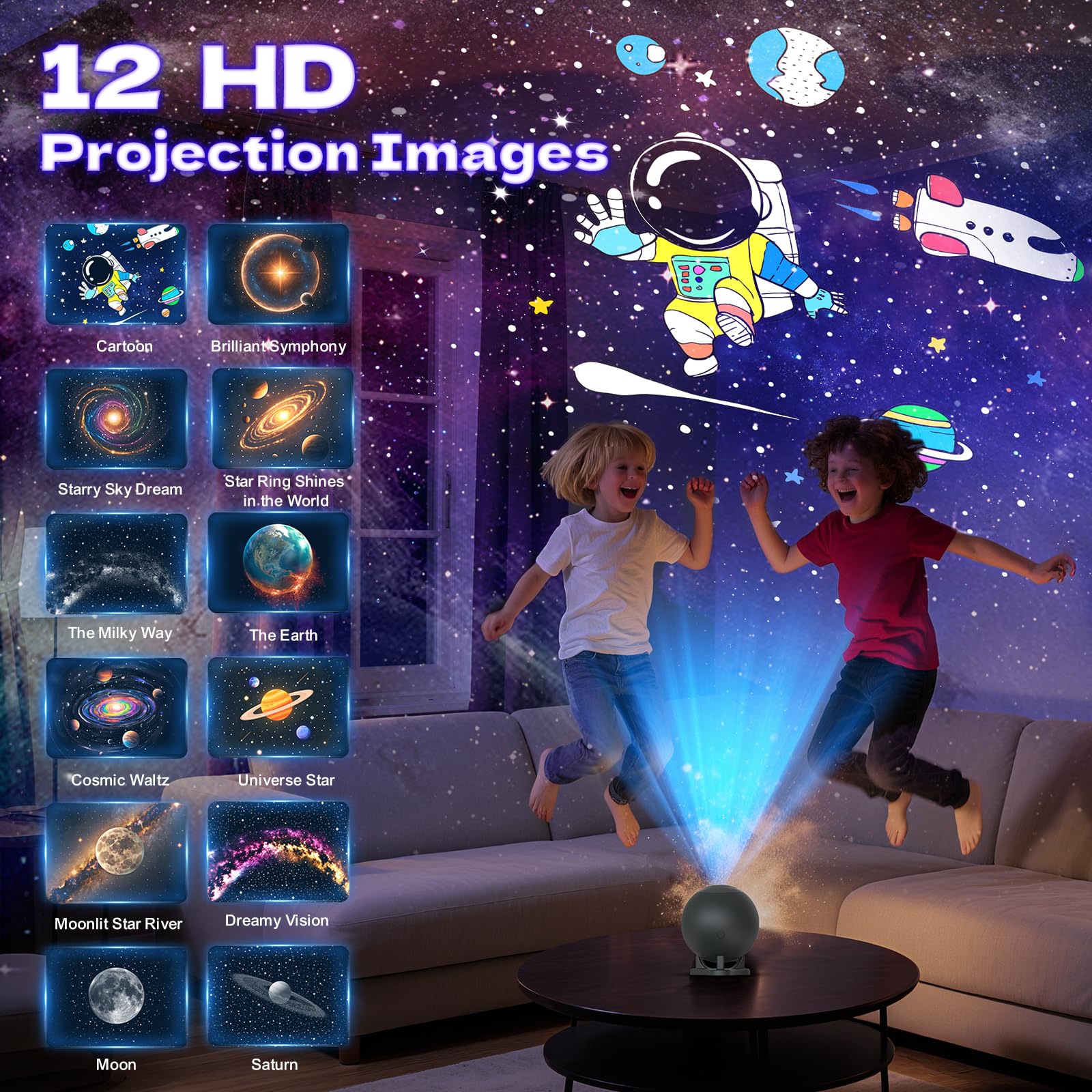 Galaxy Star proiettore luce notturna, 12 dischi pellicola, proiezione ultra HD, silenziosa, alimentazione USB, spegnimento automatico