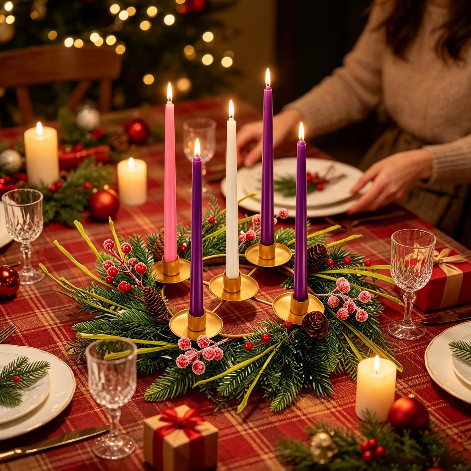 Lot de 6 couronnes de l'Avent de Noël avec 5 bougies artificielles sans
