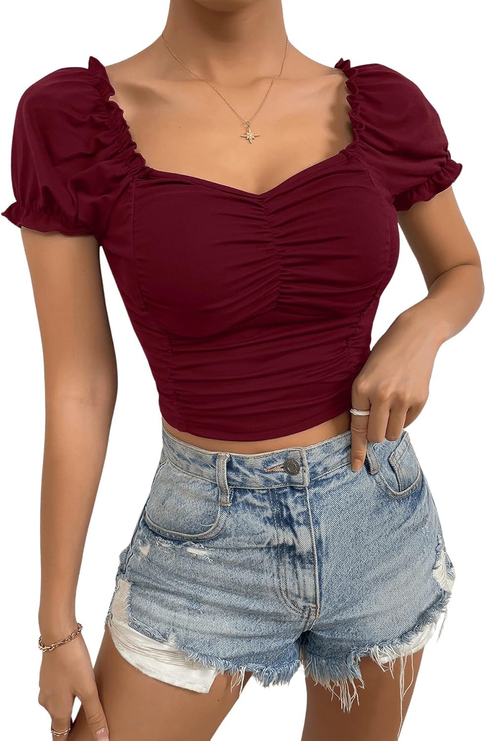 SweatyRocks Women's Ruched Short Puff Sleeve Tops Sweetheart Neck Frill Trim Elegant Shirts Crop Tops