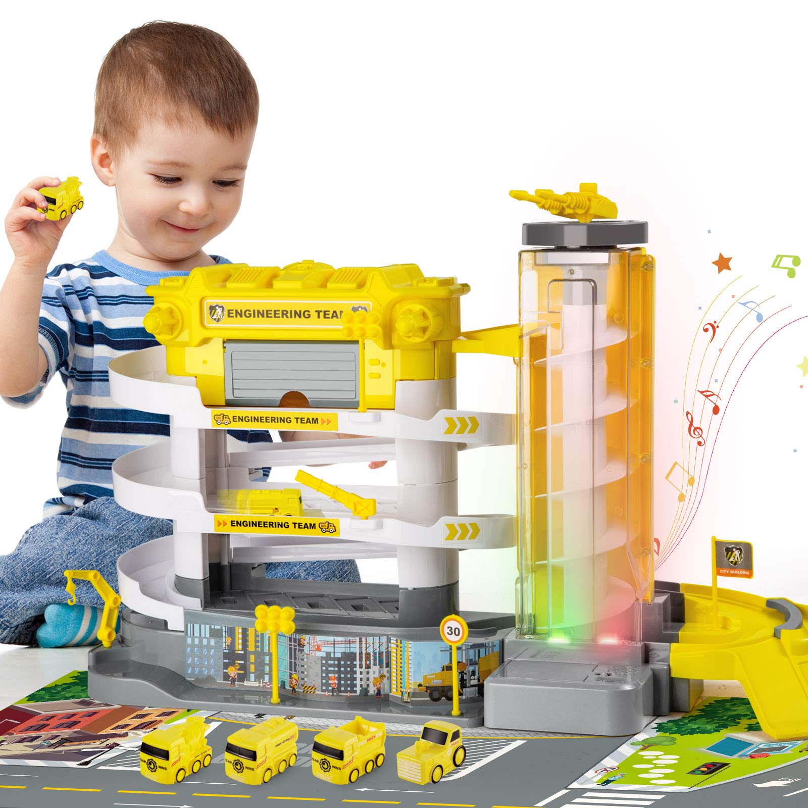 Electric Parking Building Garage Toy with Engineering Trucks, 3 Stories Parking Lot with Light & Sou