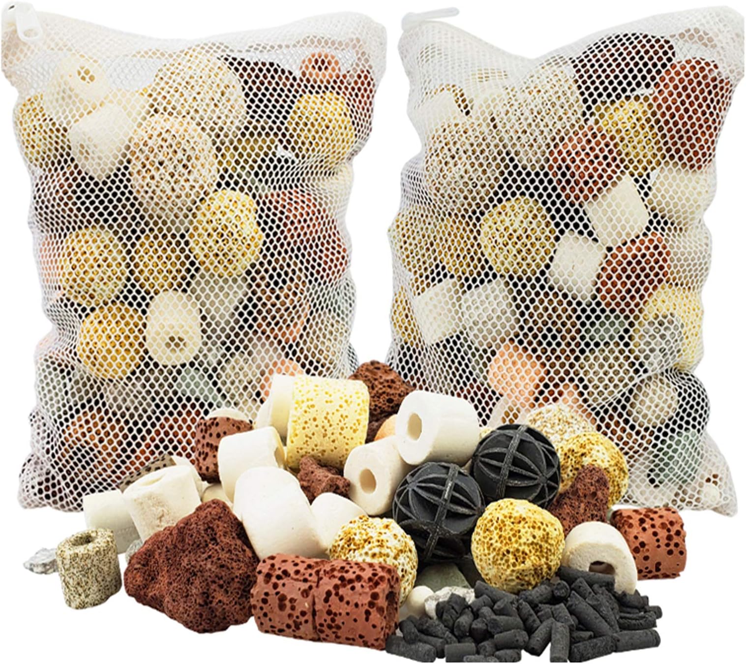 ANTOLE 2 Pack/Set 12 IN 1 Aquarium Filter Media Ceramic Biochemical Ball Activated Carbon Bio Balls Fish Tank Medium Aquarium Accessories Clear Water with Filter Net Bag 500g