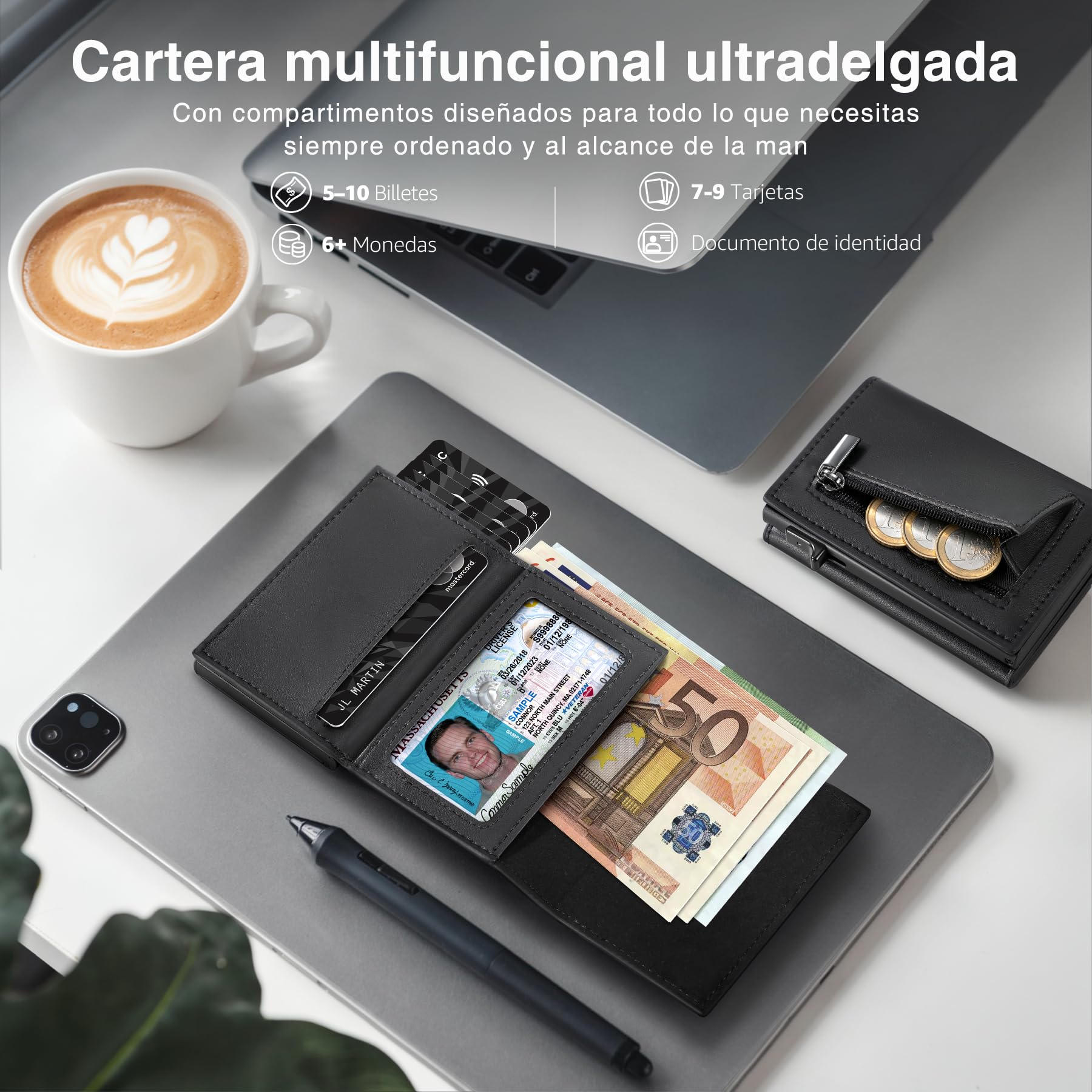 TENBST Carteras para Hombre Cartera Hombre Slim con Monedero y Protección RFID, Lujoso Tarjetero Hombre en Cuero con 8 Compartimentos para Tarjetas, Regalo para Hombre