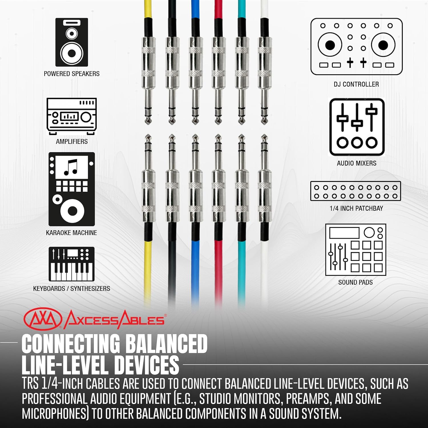 AxcessAbles Balanced Audio Cables - 1/4" TRS to TRS 6 Pack (10ft)