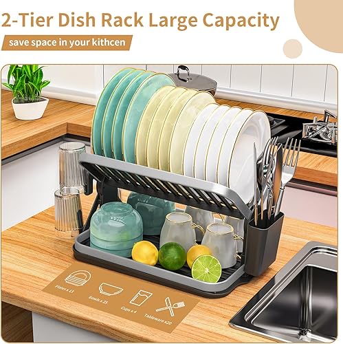 Miniatura 3 de Temste Escurridor de platos plegable de 2 niveles, multifuncional, escurridor de platos con marco de aluminio para encimera de cocina, escurridor de