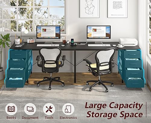 Miniatura 3 de TVU Escritorio de 95" para 2 personas con 8 cajones, escritorios grandes para oficina en casa con tomas de corriente, estación de trabajo en forma