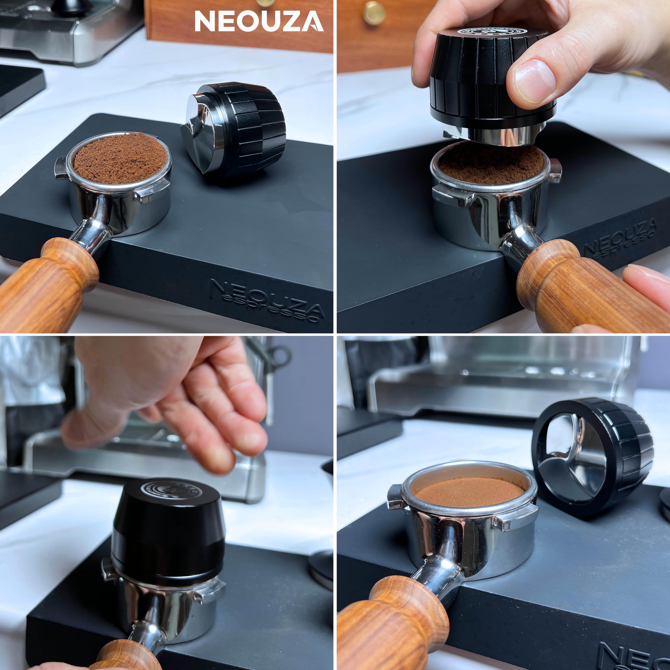 NEOUZA lejek do kawy - grawitacyjny, samoadaptacyjny do portafiltra espresso, poziomnik z podstawą w kształcie 3-listkowego koniczyny (58mm)