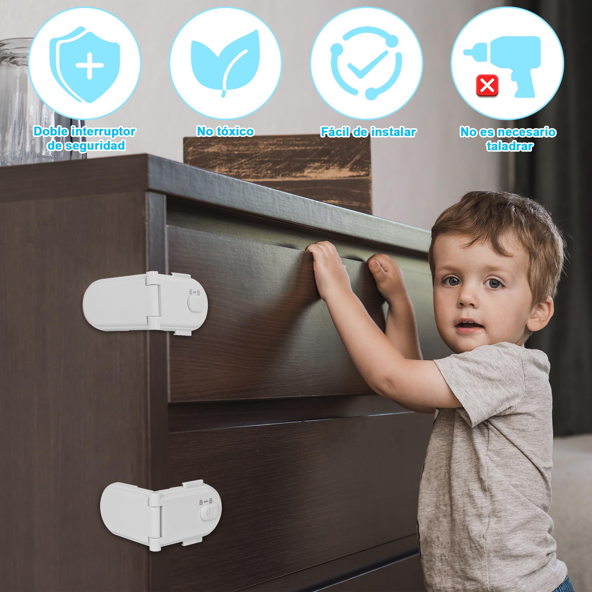 REDTRON Cerraduras de seguridad para niños con doble interruptor de seguridad (4 paquetes, blanco), Cerraduras seguras para bebés no tóxicas para armarios, Fácil instalación con adhesivo 3M
