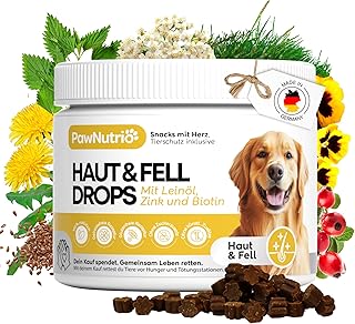 PawNutrio® - Haut & Fell Drops mit Leinöl (Omega 3 & 6) für Hunde I gegen Juckreiz, Haarausfall & trockene Haut I für glänzendes Fell mit Biotin, Bierhefe, Zink I 100% natürlich I ca. 120 STK. product image