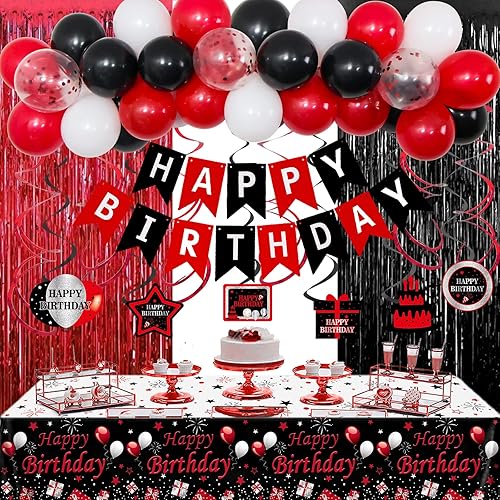 Decoraciones de fiesta rojas y negras para hombres y mujeres, decoraciones de feliz cumpleaños para niños y niñas, suministros de fiesta de