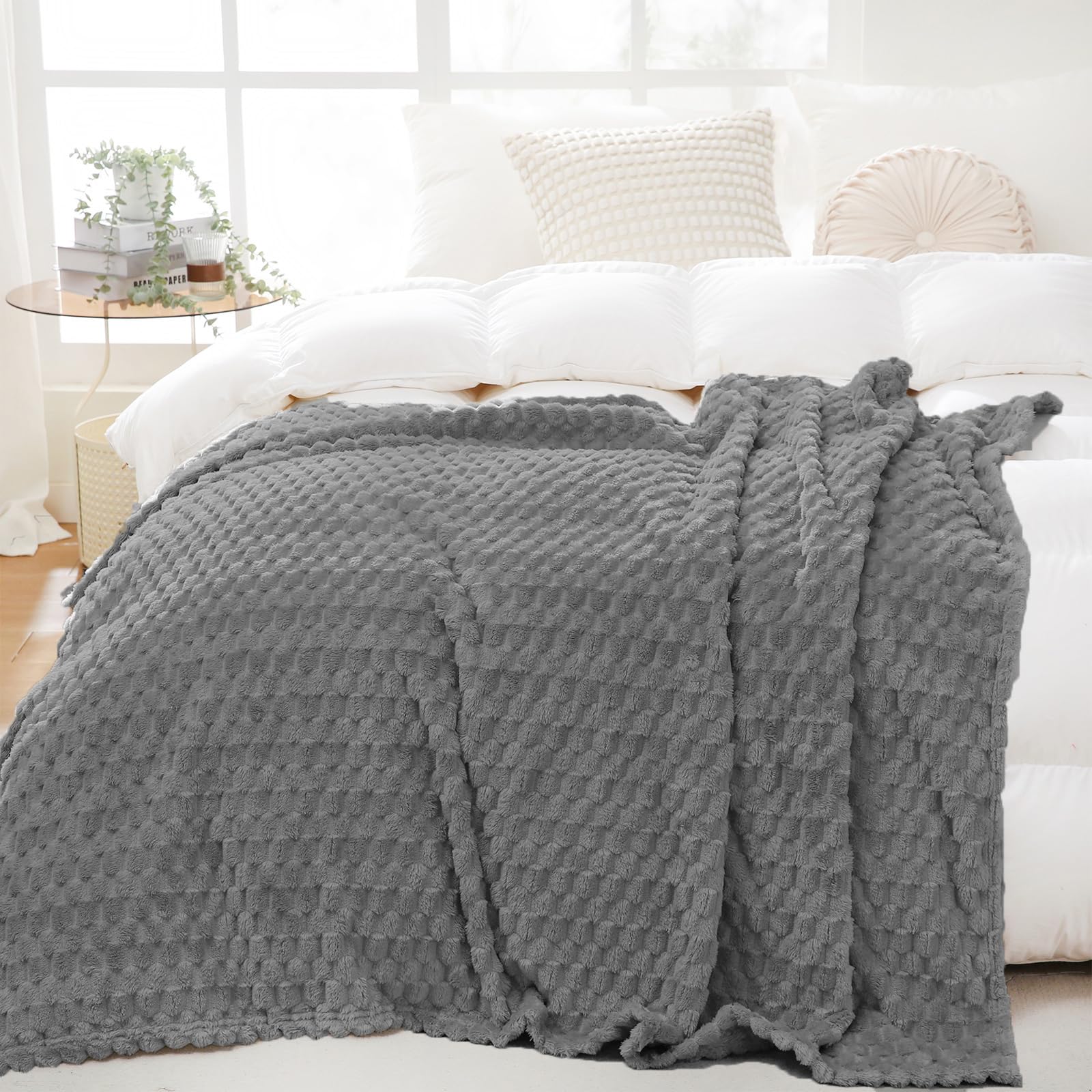 Puncuntex Grey Throw Blanket 90"×90" inches Fuzzy 3D Jacquard