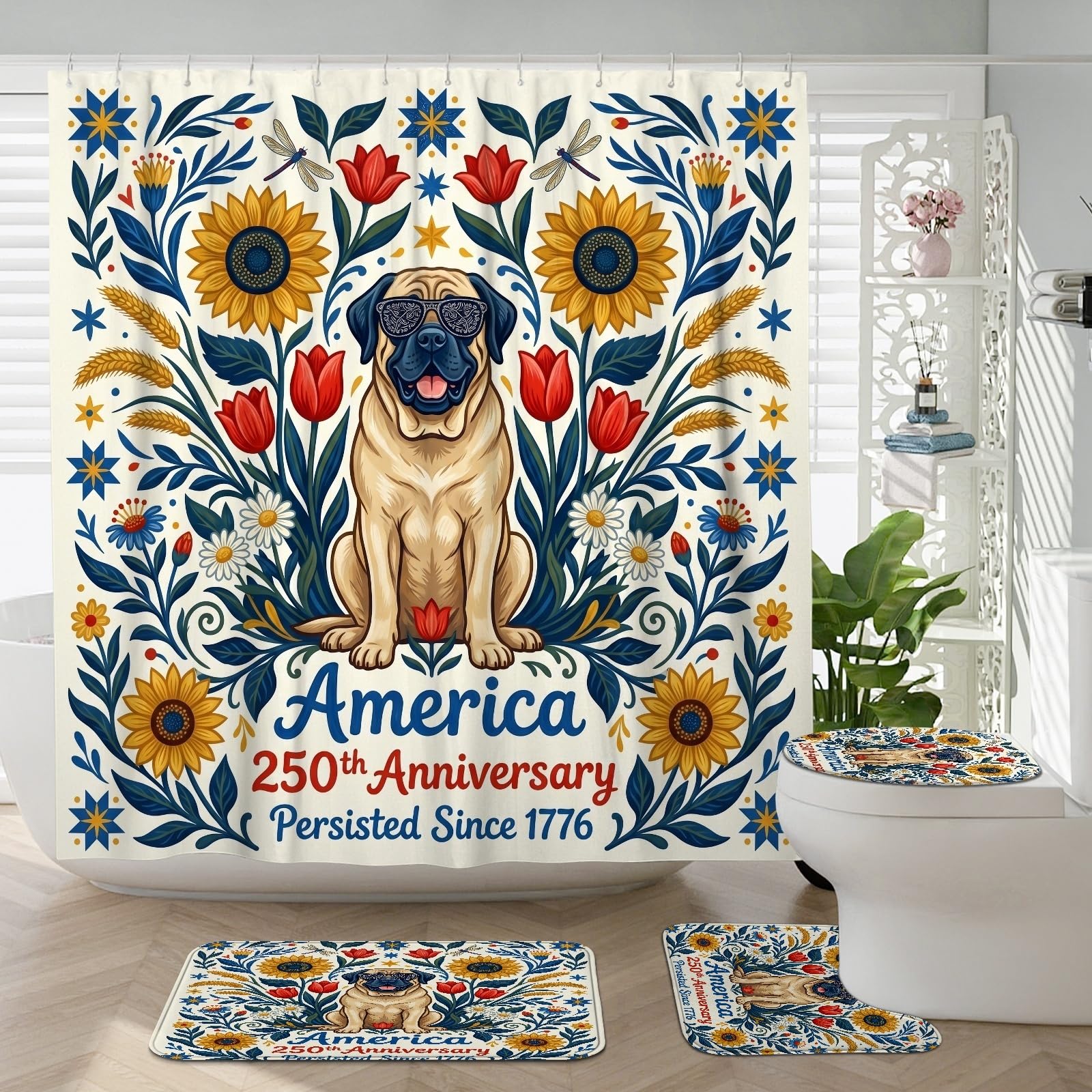 Accessoires de salle de bain chien mastiff avec tapis antidérapant de 4 pièces