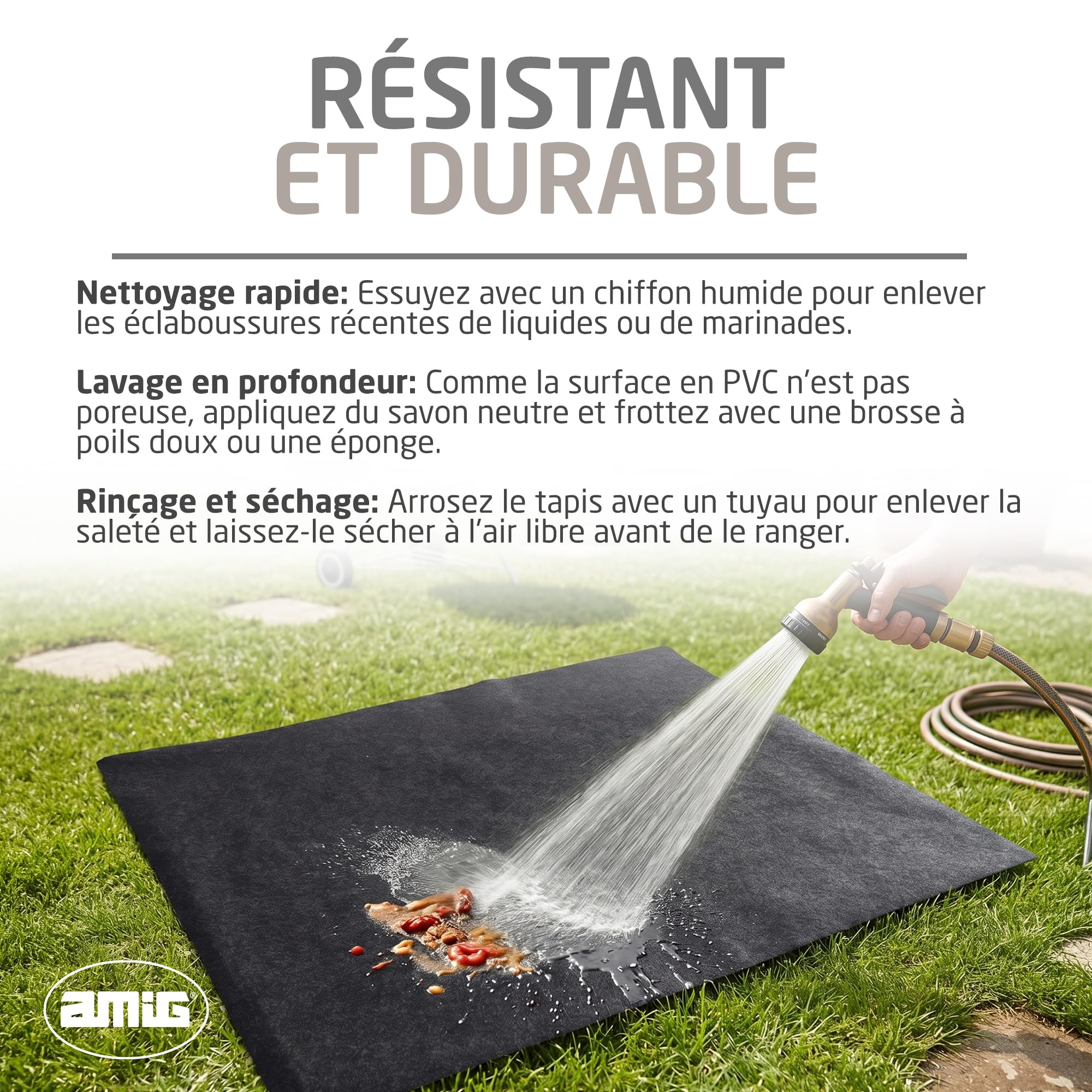 Amig - Tapis de Protection pour Barbecue BBQ - Anti-Taches, Imperméable et Antidérapant - Protection du Sol Contre la Graisse, l’Huile et Les Étincelles - 100 x 120 cm - Polyester PVC - Noir