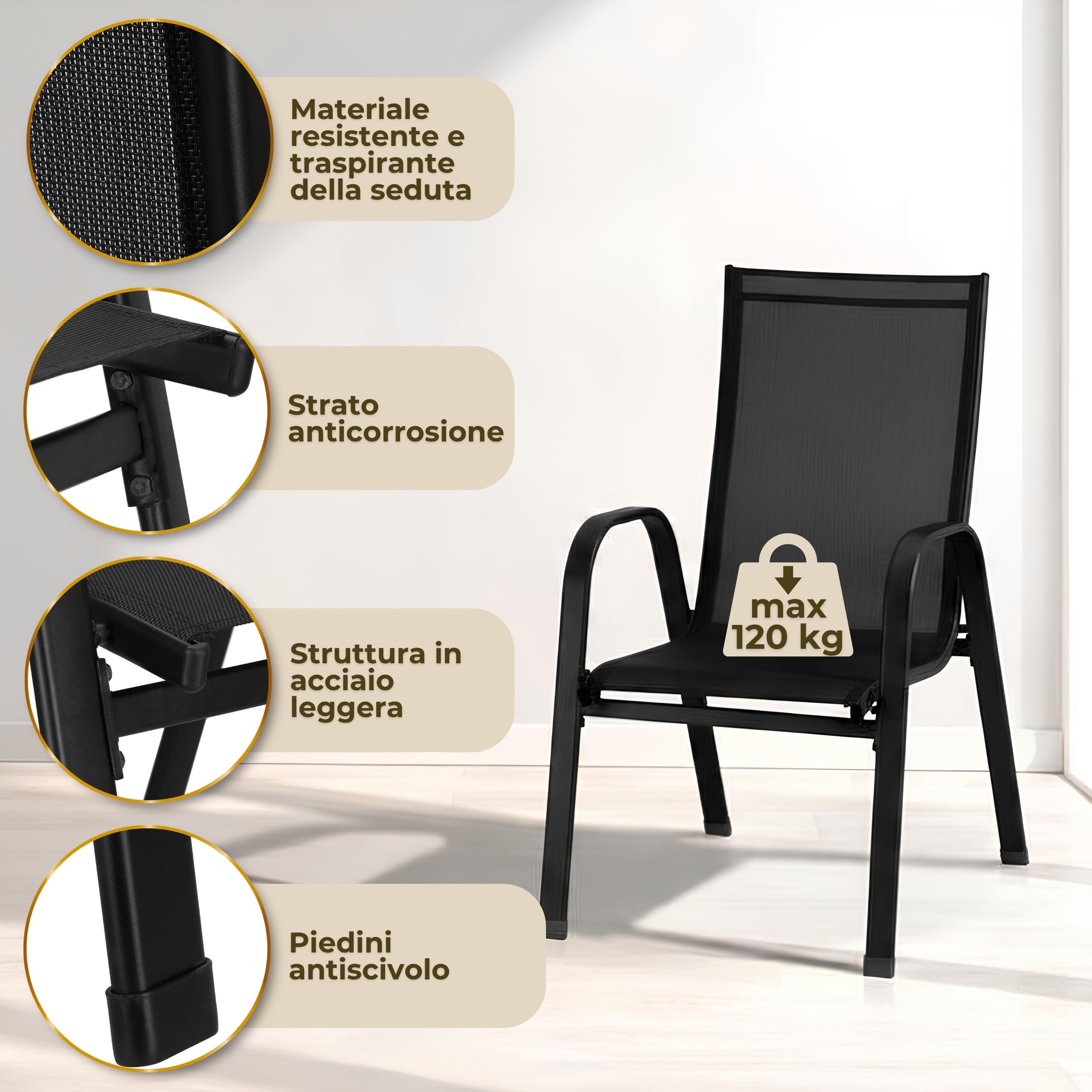 SPRINGOS Set di 4 sedie da giardino, impilabili, per esterni, terrazza, balcone, con seduta in textilene e struttura in acciaio, resistenti alle intemperie, per giardino, balcone, terrazza, campeggio