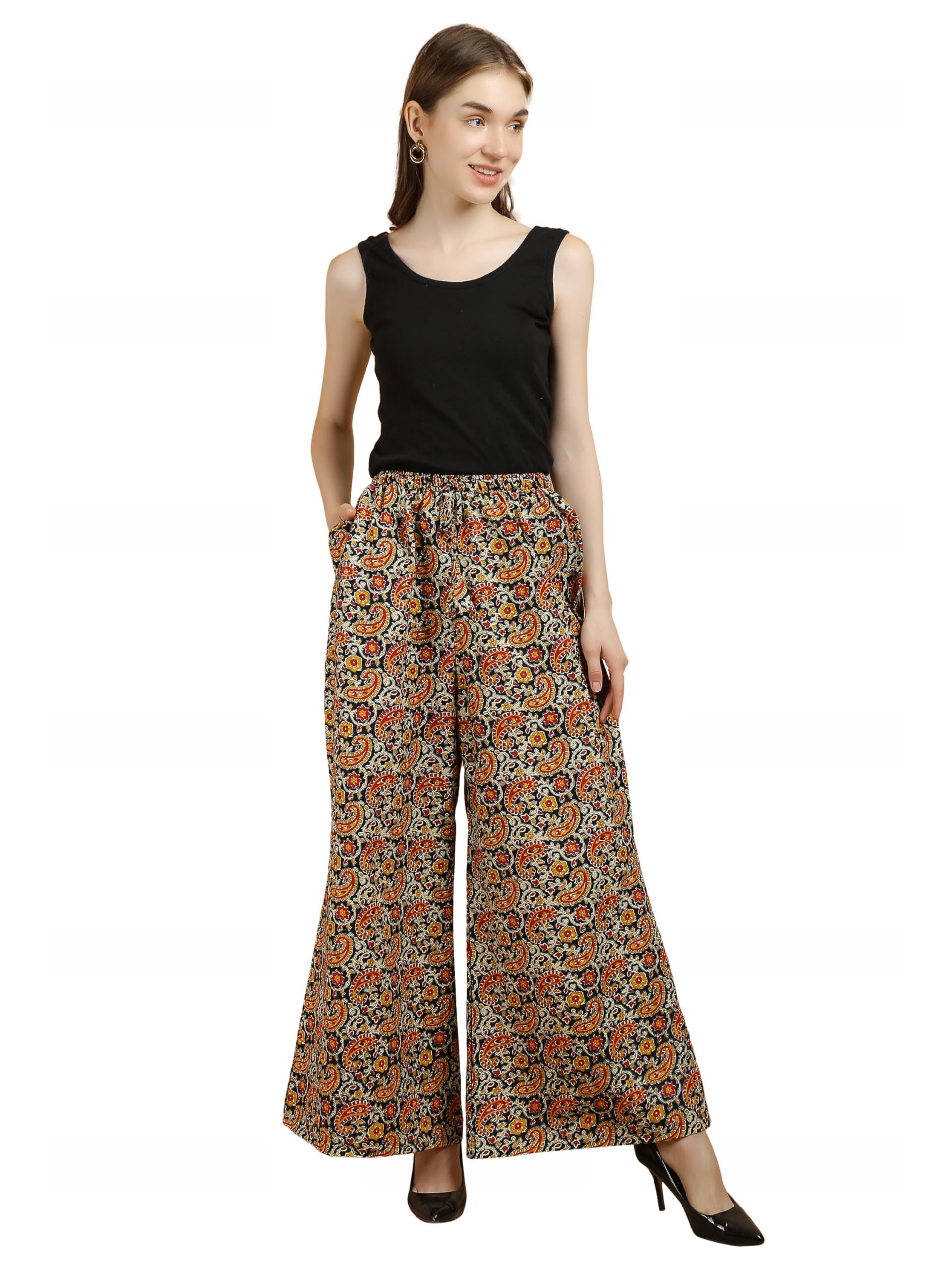 Women's Floral Print Palazzo Pants, Wide Leg, High Waist, Multicolor-picture-39