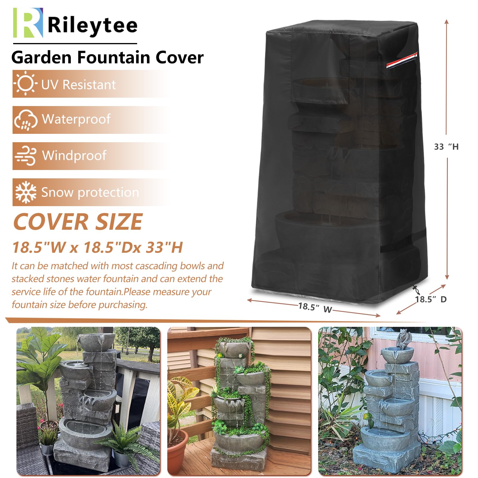 Garden Fountain Cover,Outdoor Heavy Duty Waterproof Dustproof Winter Cover for Cascading Bowls and Stacked Stones Water Fountain with Zipper and Drawstring.(Black,18.5