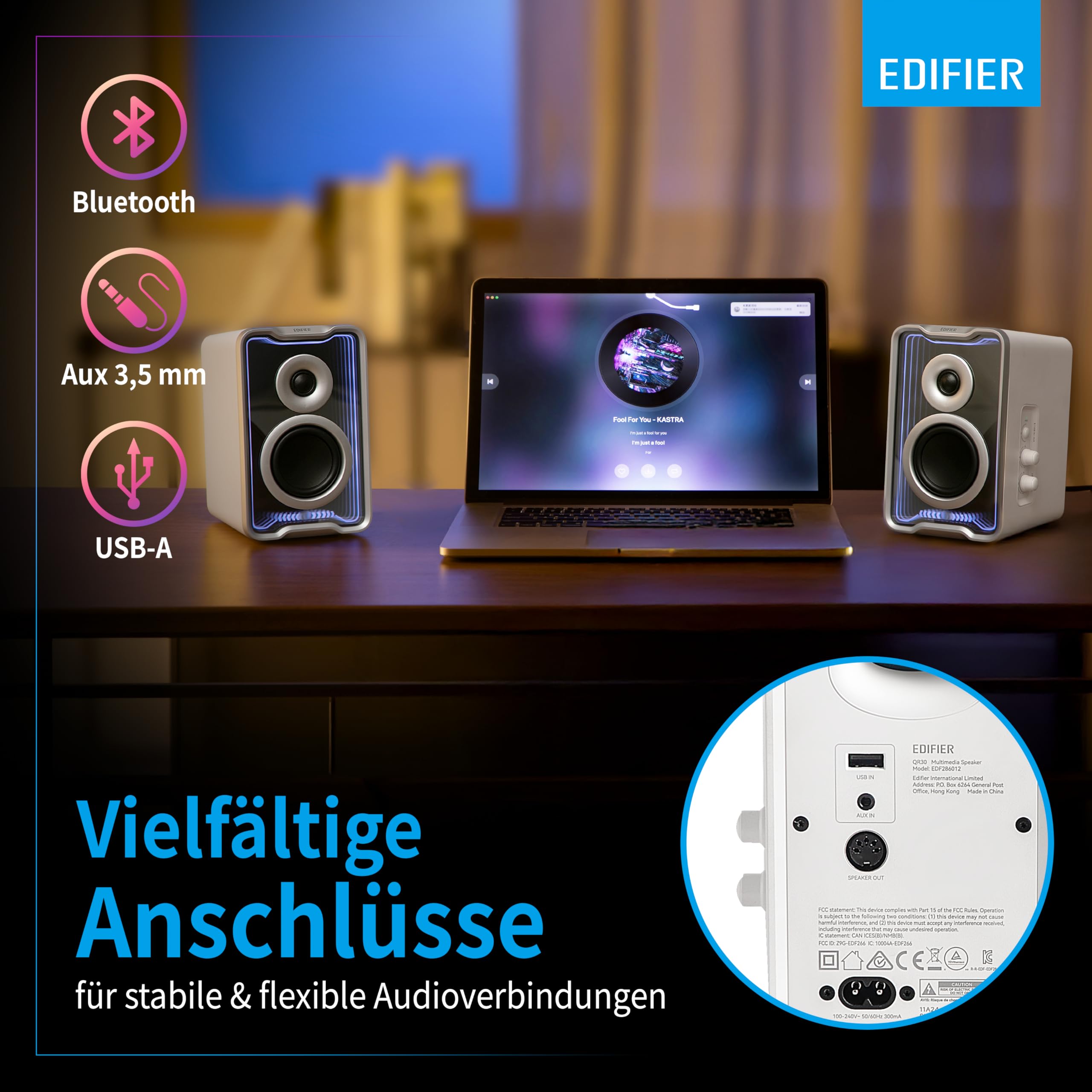 Edifier QR30 Aktiver Desktop-Lautsprecher mit Bluetooth V5.4, dynamische Lichteffekte, 30 Watt RMS – Weiß
