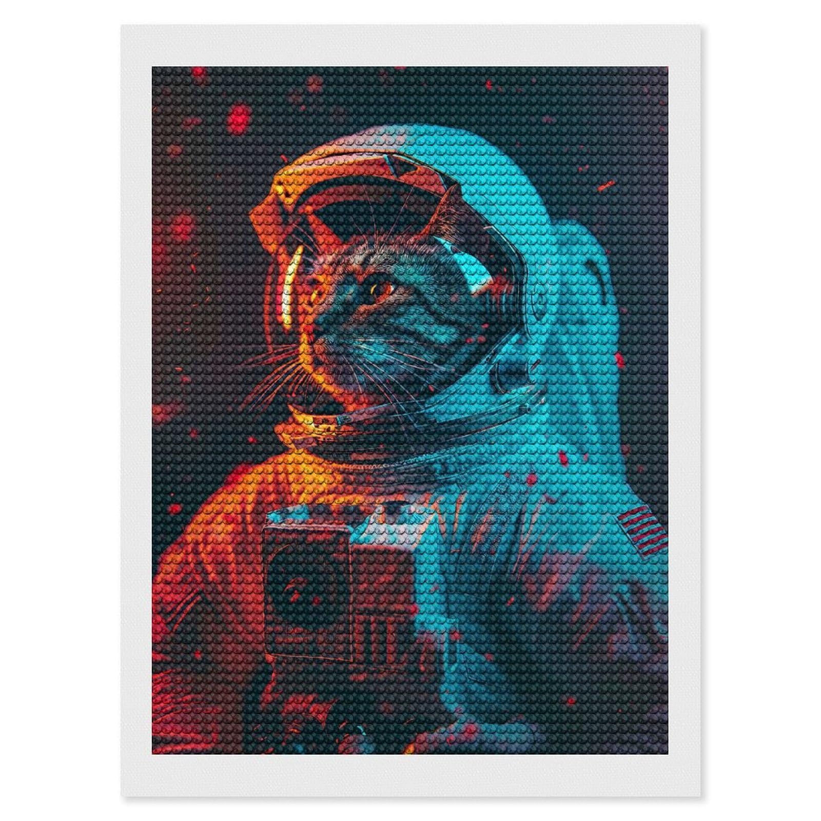 Junmoney Cat Astronaut Diamond Painting Canvas Set 12"x16", for Beginners, Complete Accessories, Christmas Gift, Modern Decor