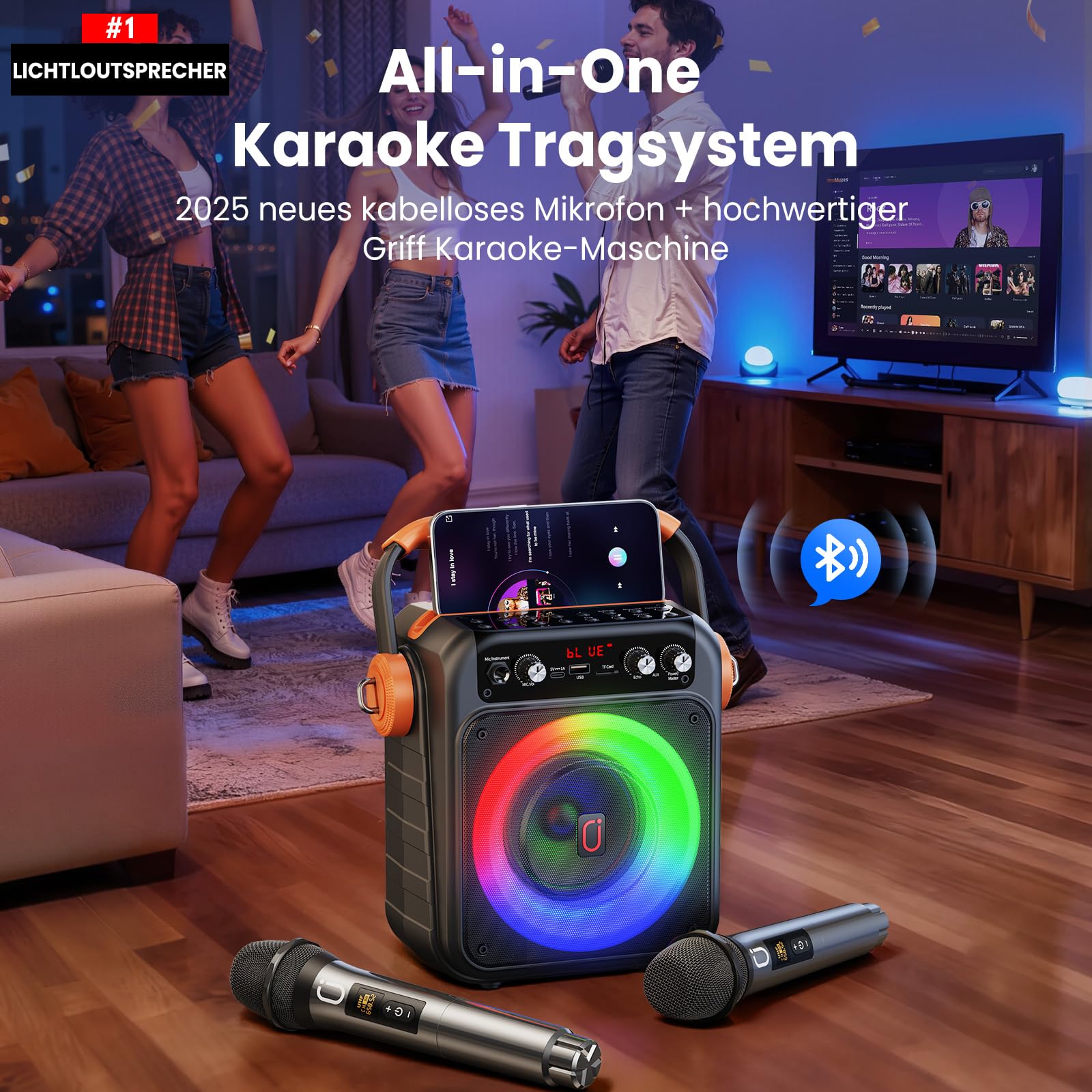 JYX Karaoke-Maschine mit 2 Mikrofonen, 80W Bluetooth 5.3 PA-Lautsprecher | 80W Leistung, TWS, USB, TF, AUX und Live, LED-Lichteffekte für Karaoke, Partys, Zuhause, Garten und Camping