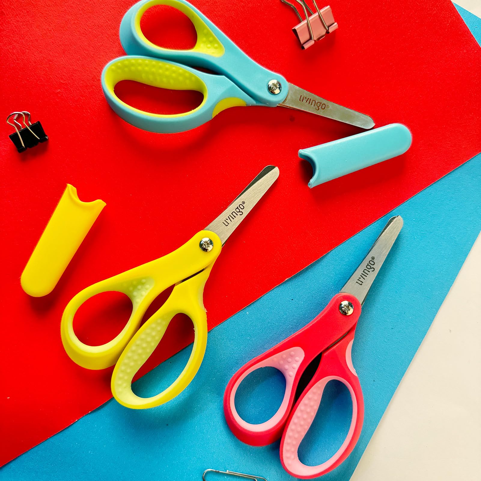 LIVINGO Tijeras para zurdos, 12,7 cm, punta roma, acero inoxidable, tijeras de seguridad para niños, niños pequeños, aulas, papel de manualidades, amarillo, rosa, azul, paquete de 3