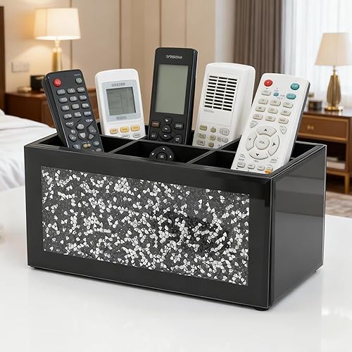 SHYFOY Soporte para control remoto con 6 compartimentos, organizador de escritorio de vidrio negro, diseño de detalles de cristal, 4.3 x 8.3 x 4