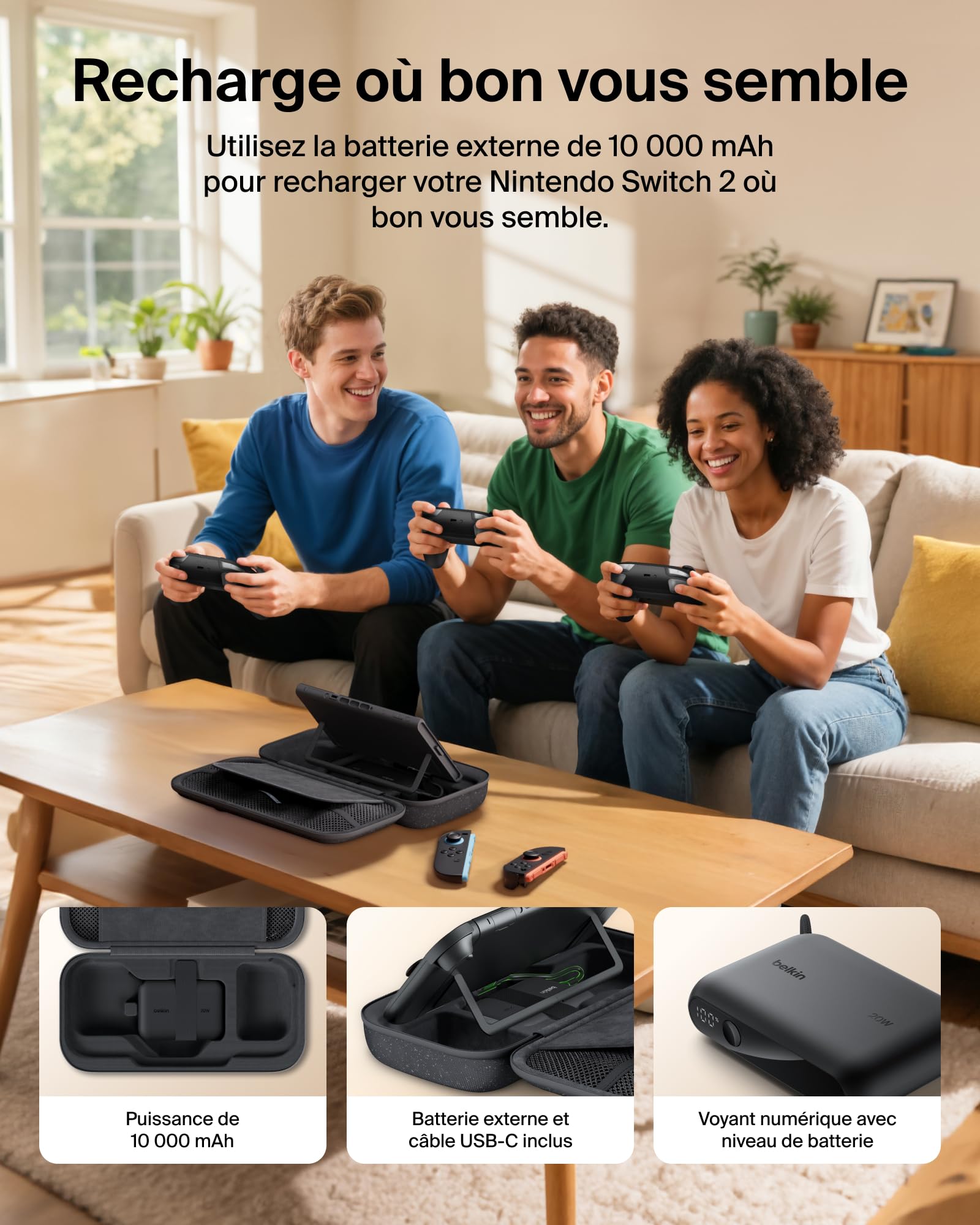Belkin Gaming Pochette de rangement avec batterie externe 10 000 mAh pour Nintendo Switch 2 (écran LCD, recharge rapide de 20 W pour Nintendo Switch, compartiments pour AirTag et cartes de jeux, gris)