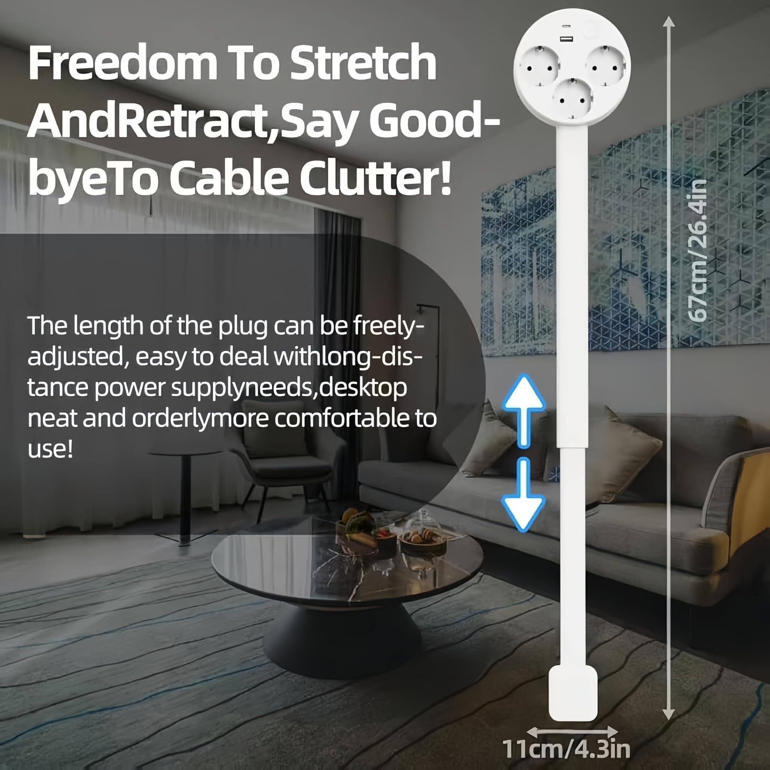 Przedłużacz elektryczny przedłużający i pływający z 2 gniazdami i USB-C Extendible od 47 do 67 cm na sofę i biurko